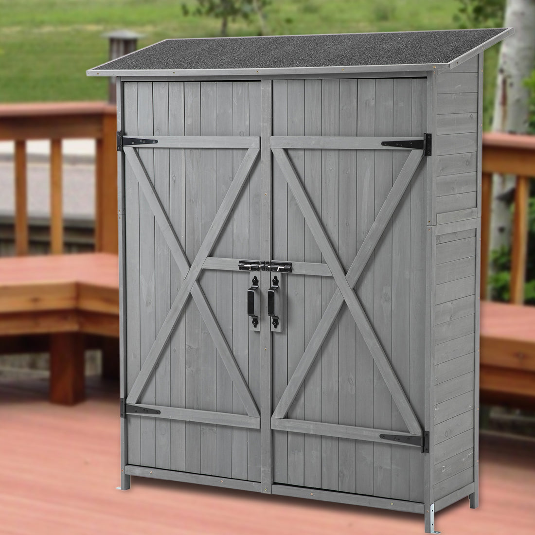 56"L X 19.5"W X 64"H Outdoor Storage Shed With Lockable Door, Wooden Tool Storage Shed W Detachable Shelves & Pitch Roof,Gray Aqua Grey Solid Wood