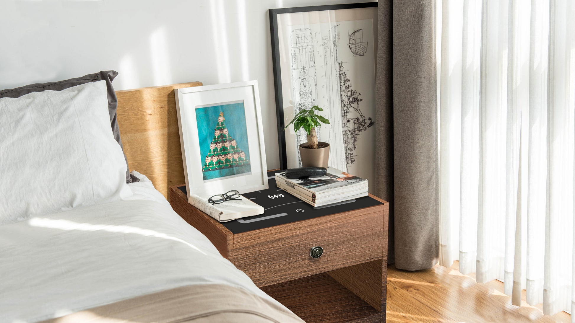 Nightstand With Wireless Charging Station Dark Brown Mdf