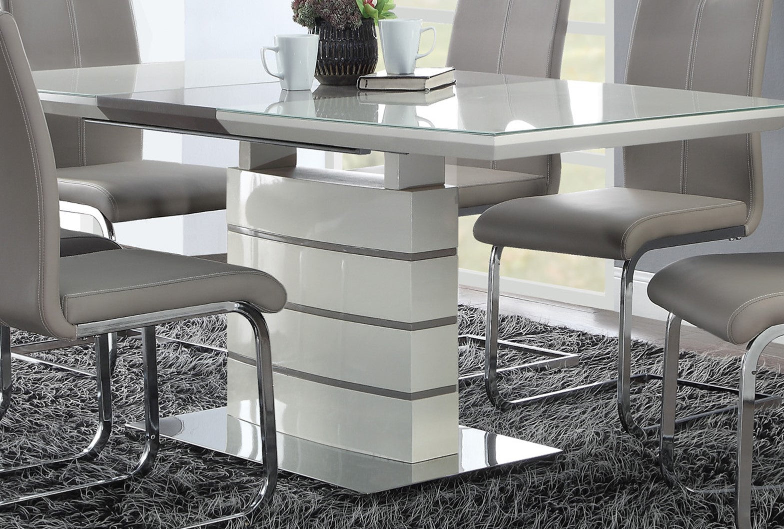 Contemporary Style Dining Table 1Pc With Self Storing Extension Leaf Bright High Gloss White And Gray Taupe Finish Off White Seats 6 Dining Room Contemporary Metal & Wood
