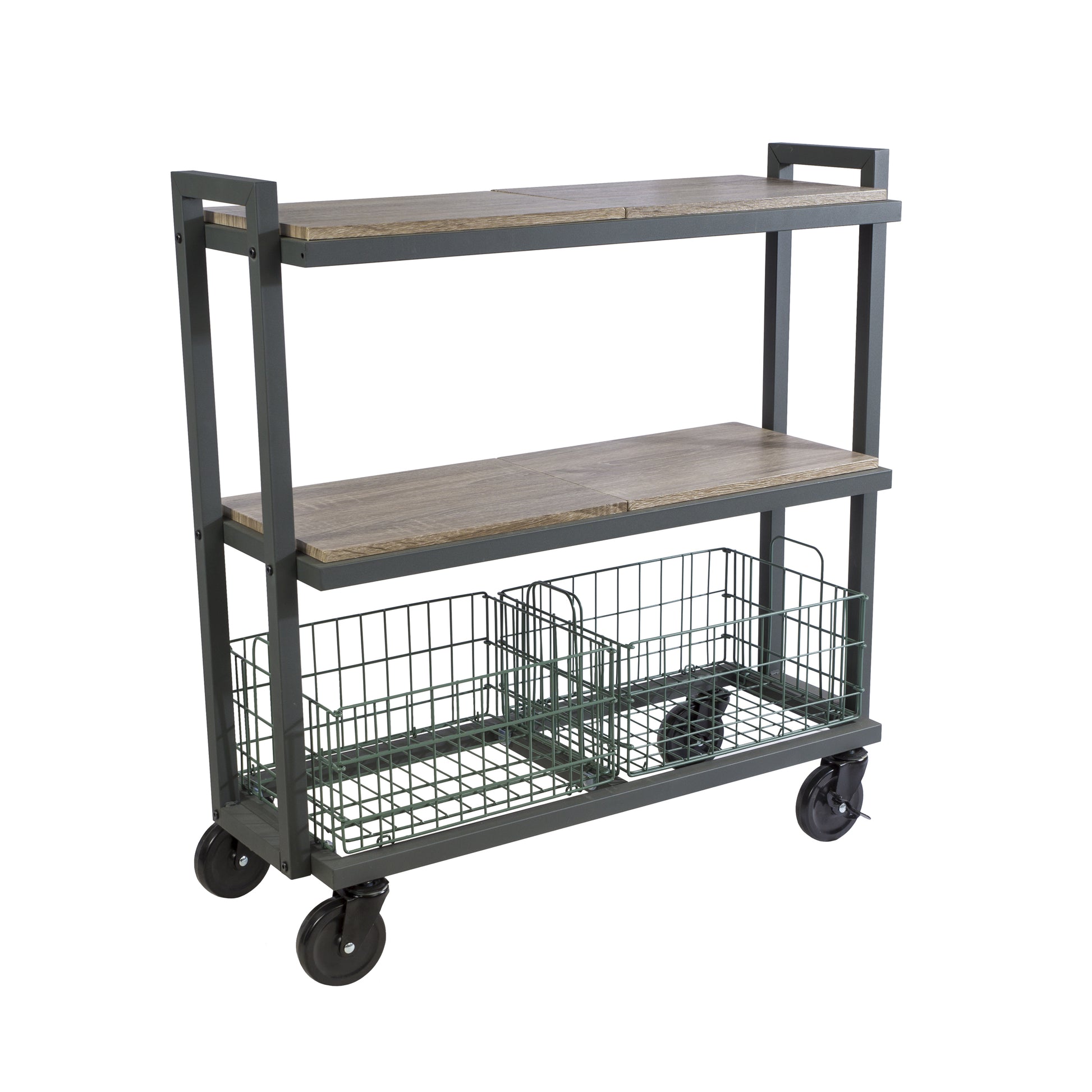 3 Tier Cart, Interchangeable Baskets And Shelves, Caster Wheels, Powder Coated Metal In Green Green Metal