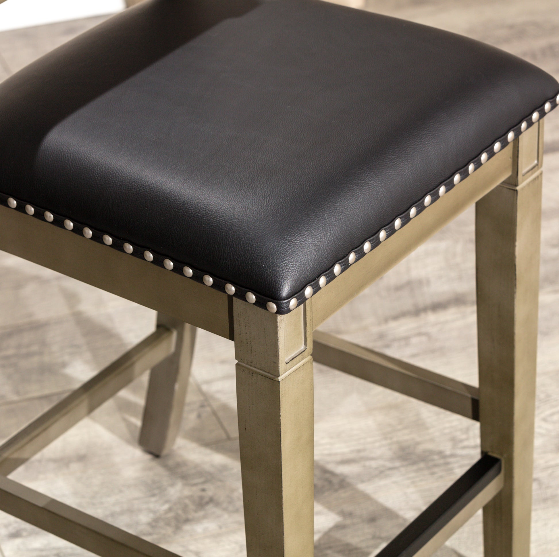 24" Counter Stool, Weathered Gray Finish, Black Leather Seat Gray Bonded Leather