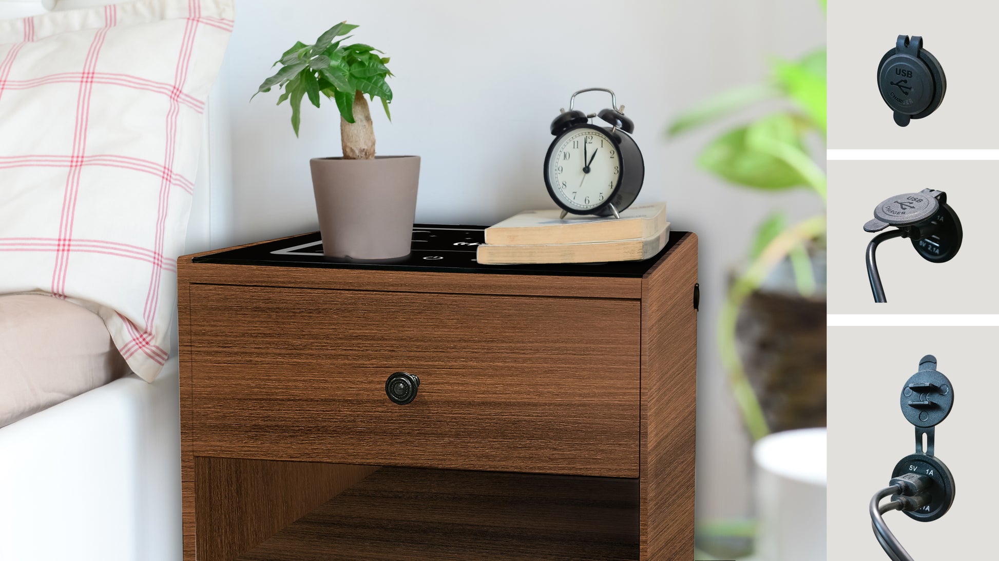 Nightstand With Wireless Charging Station Dark Brown Mdf