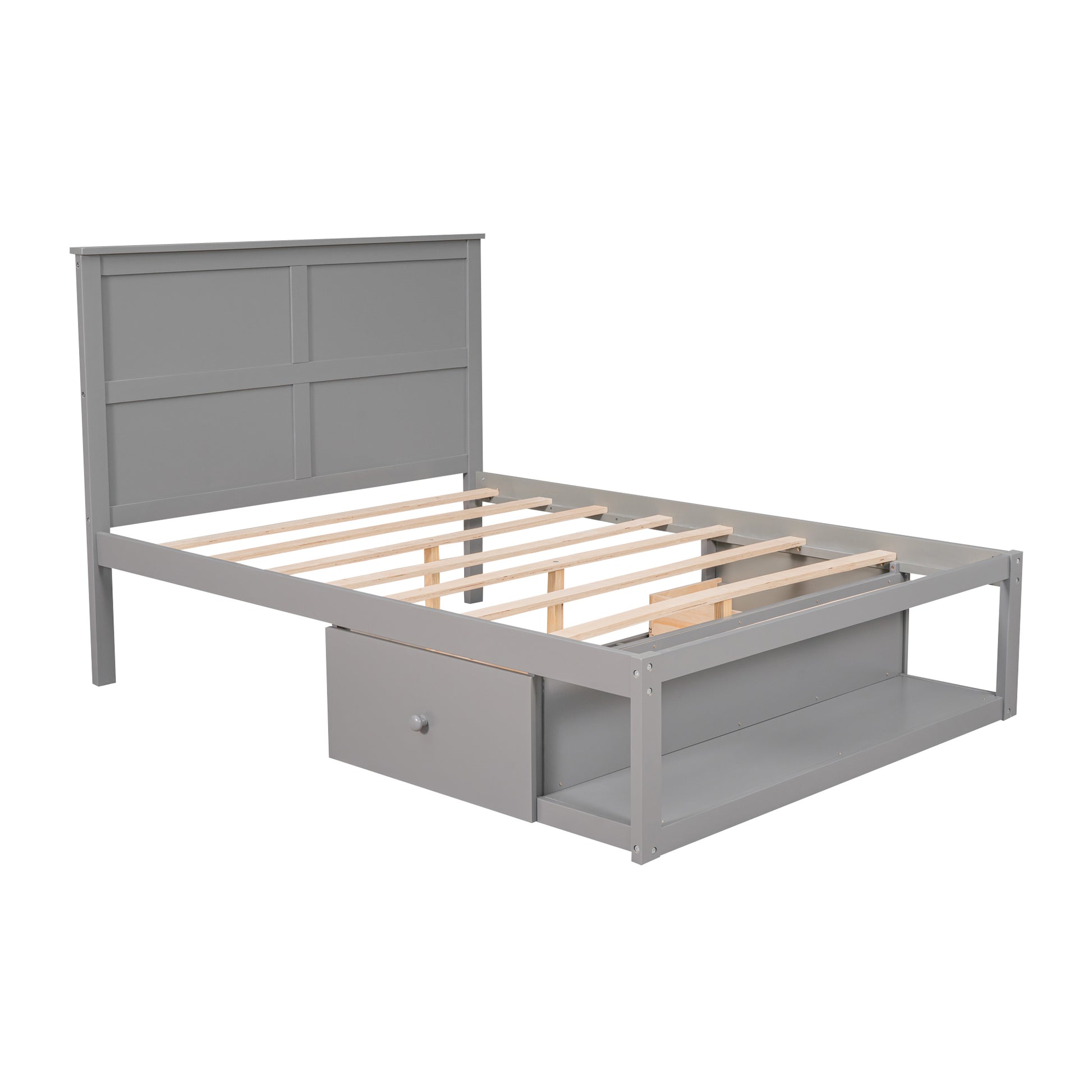 Full Size Platform Bed With Drawer On The Each Side And Shelf On The End Of The Bed, Gray Gray Pine