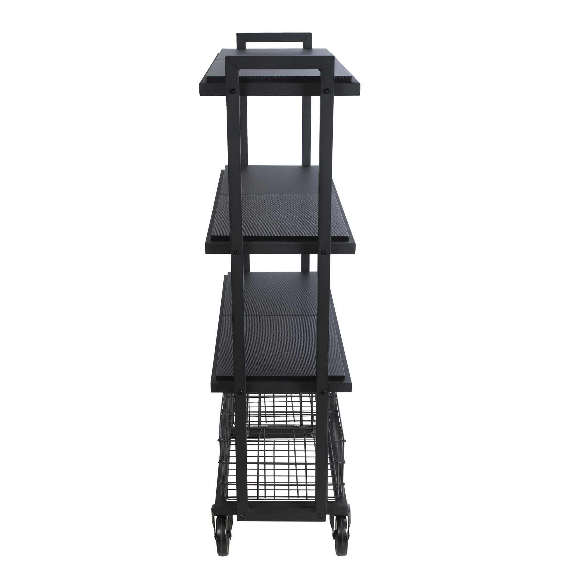 4 Tier Cart, Interchangeable Baskets And Shelves, Caster Wheels, Powder Coated Metal In Black Black Metal