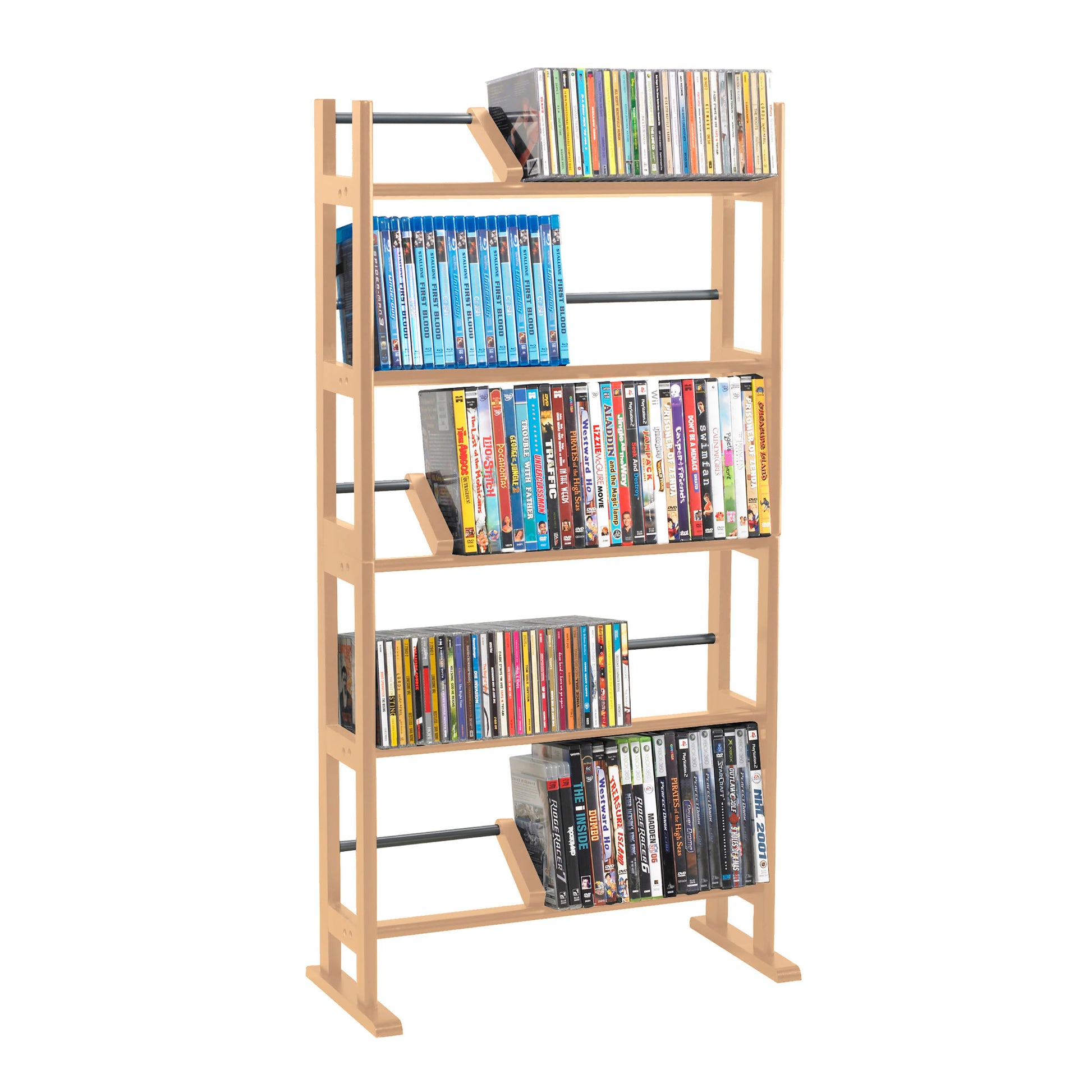 Media Storage Rack With Sliding Dividers In Maple Black Brown Particle Board