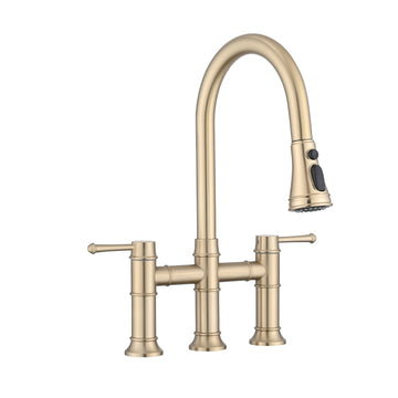 Double Handle Bridge Kitchen Faucet With Pull Down Spray Head Brushed Gold Stainless Steel