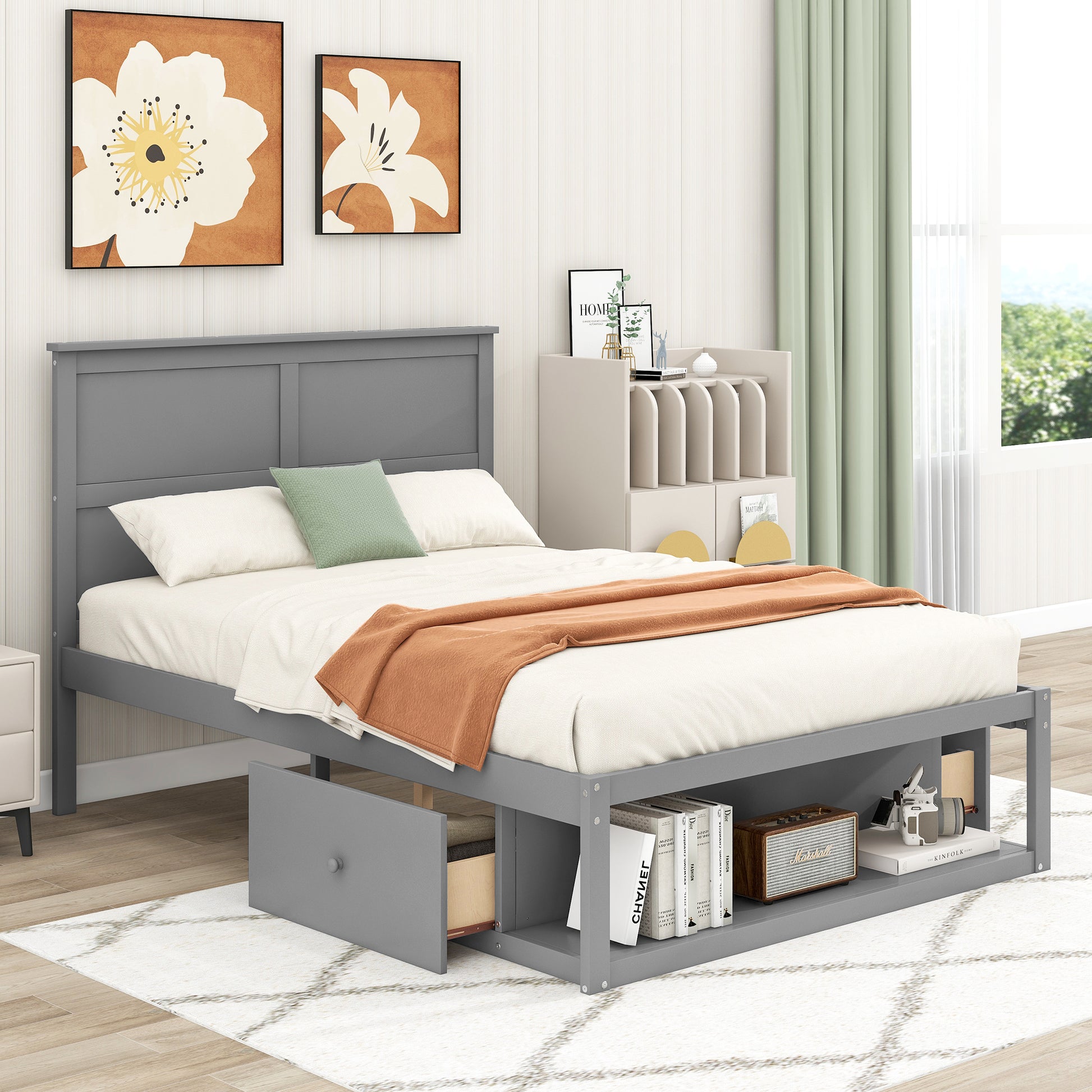 Full Size Platform Bed With Drawer On The Each Side And Shelf On The End Of The Bed, Gray Gray Pine