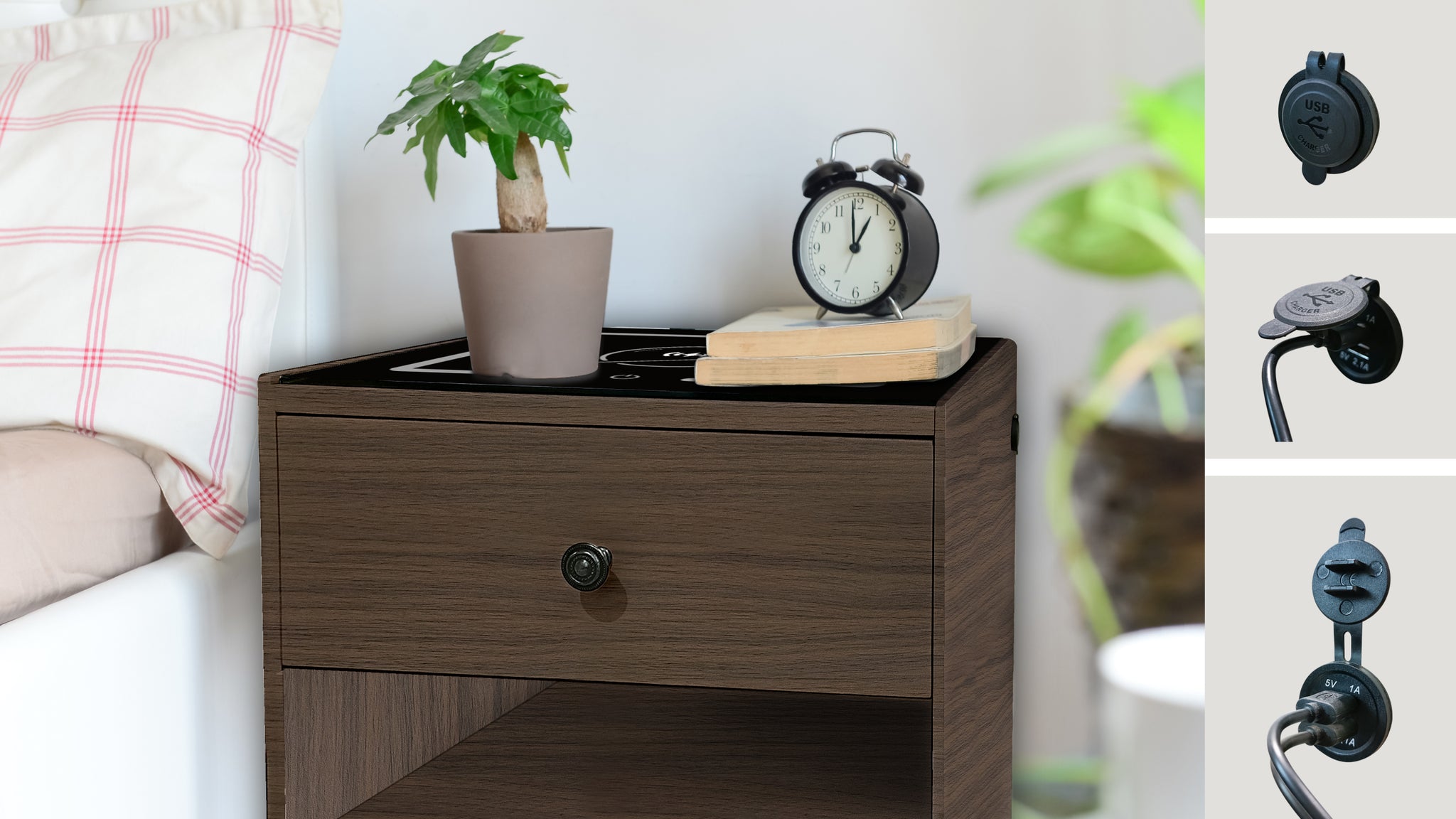 Nightstand With Wireless Charging Station Walnut Mdf