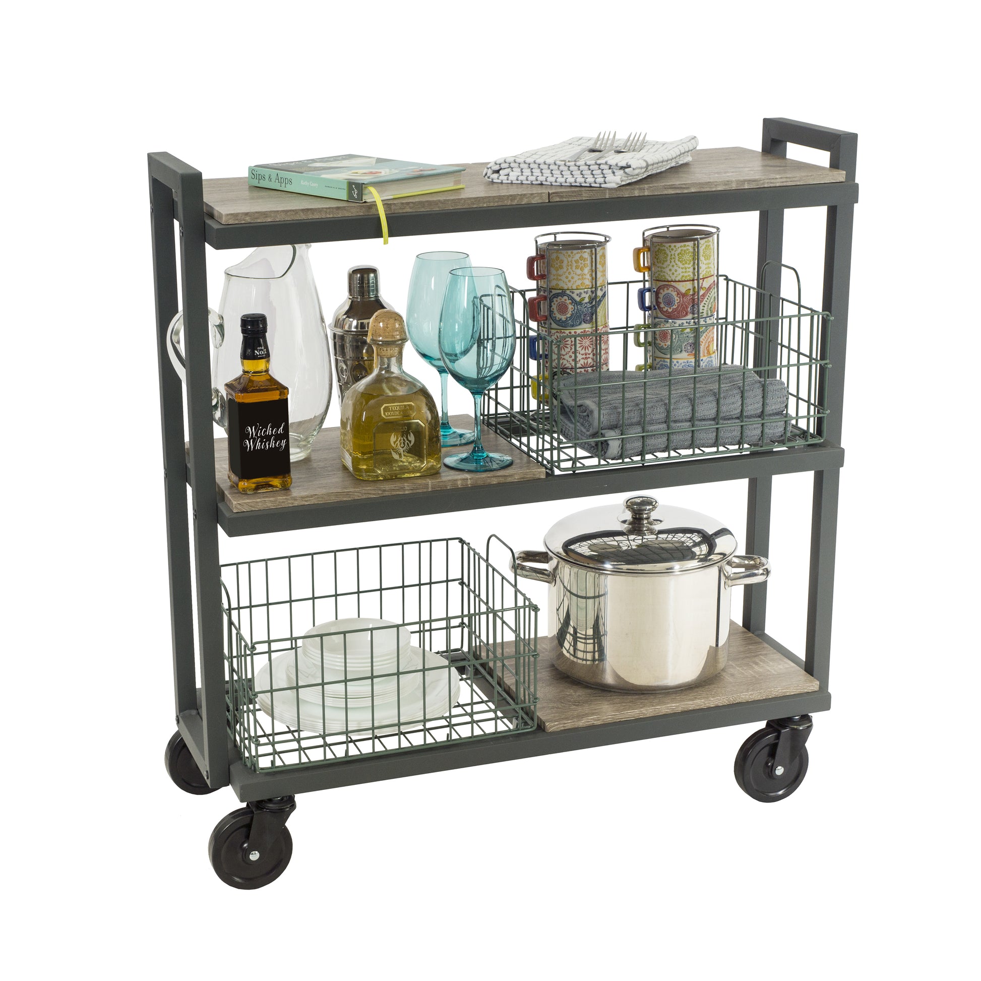 3 Tier Cart, Interchangeable Baskets And Shelves, Caster Wheels, Powder Coated Metal In Green Green Metal