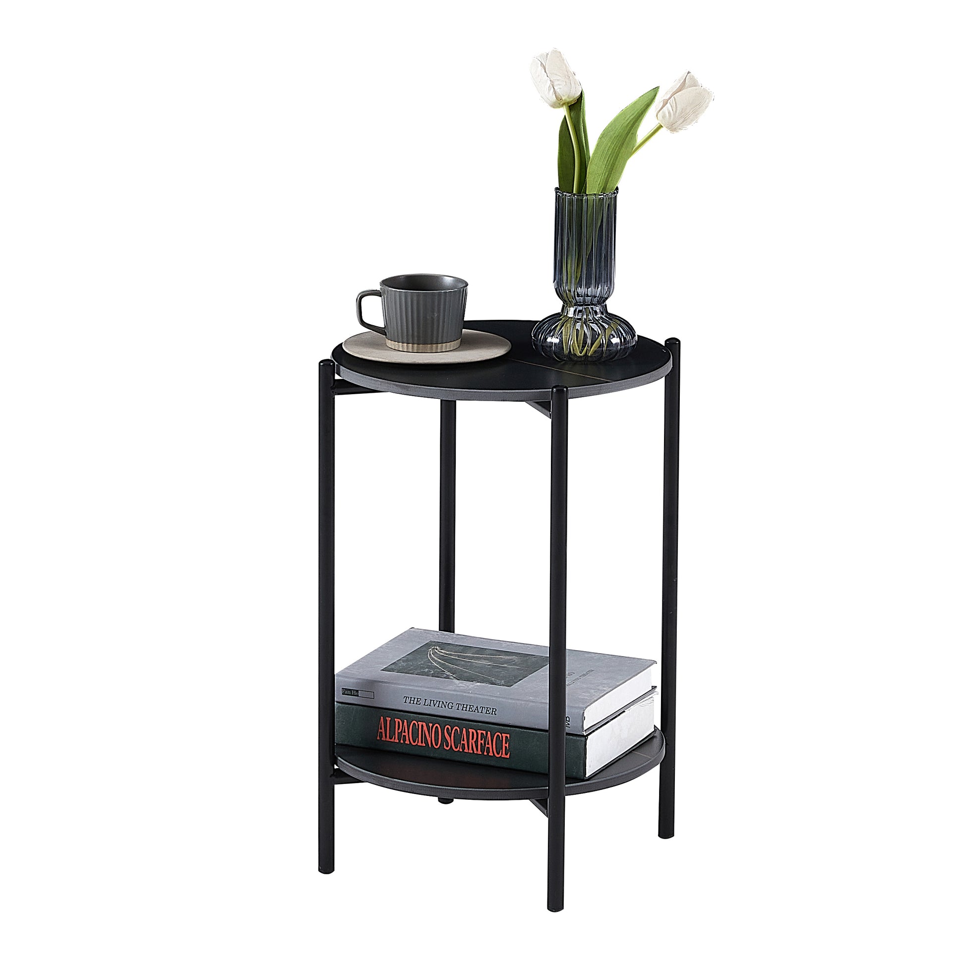 2 Layer End Table With Whole Marble Tabletop, Round Coffee Table With Black Metal Frame For Bedroom Living Room Office Black,1 Piece Black Metal