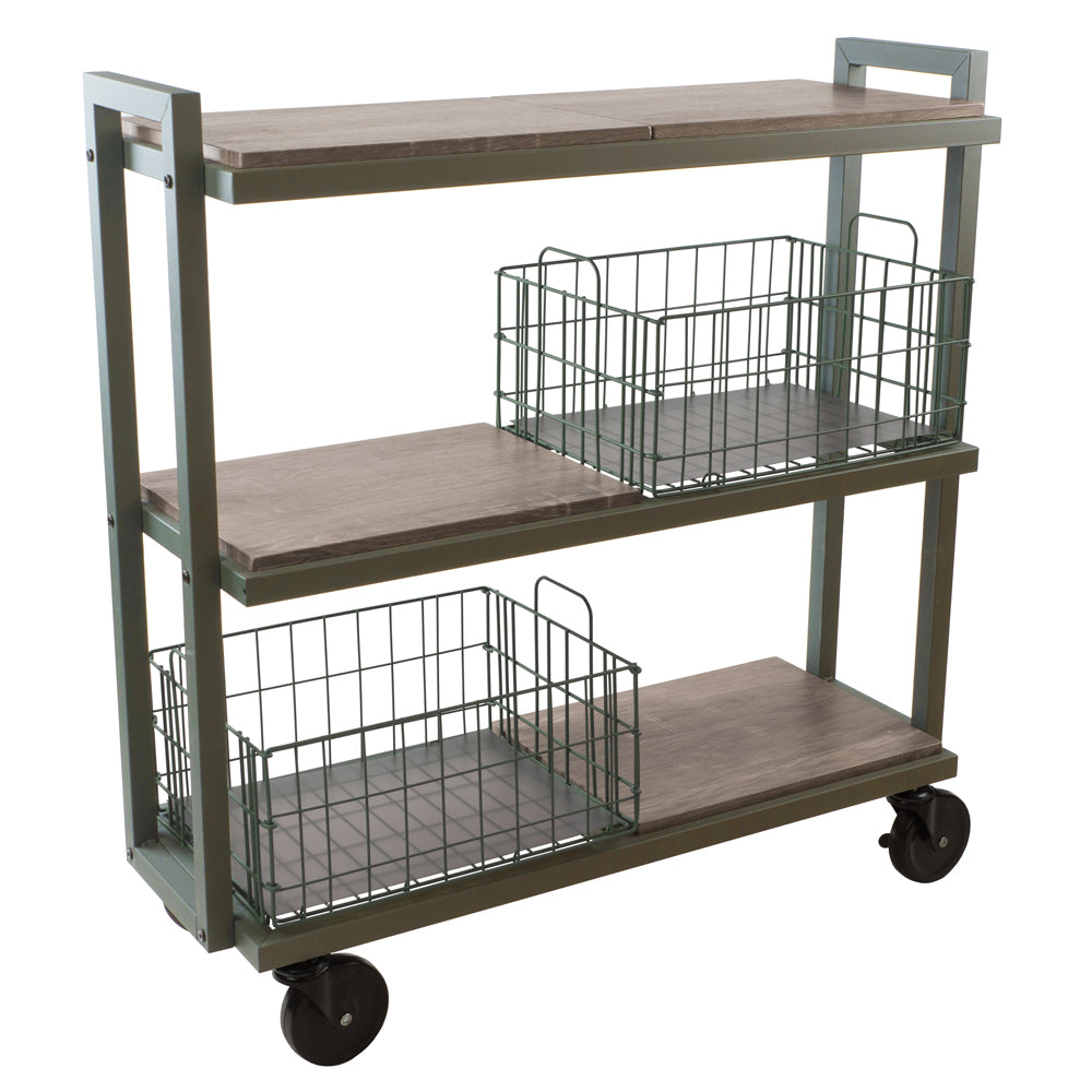 3 Tier Cart, Interchangeable Baskets And Shelves, Caster Wheels, Powder Coated Metal In Green Green Metal