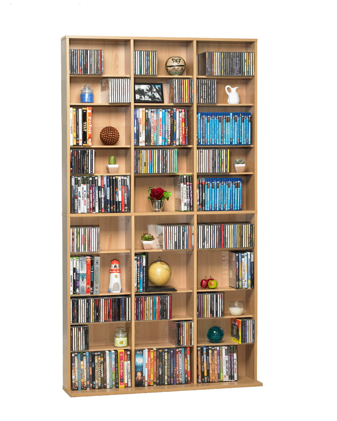 Media Shelving Unit, 6 Fixed Shelves, 30 Adjustable Shelves, Wide Base For Stability In Maple Tan Particle Board