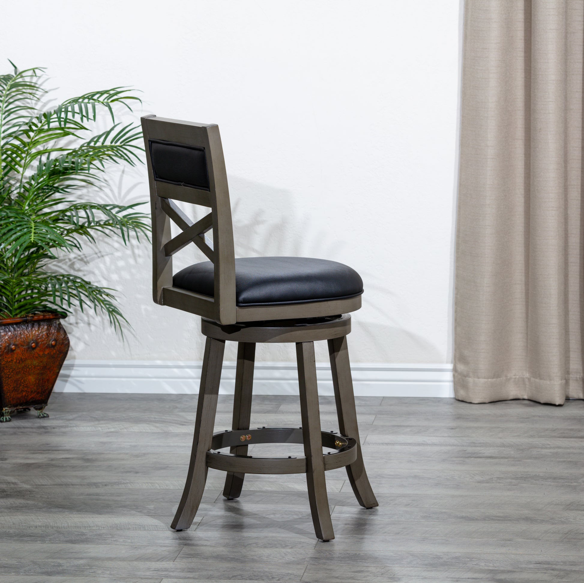 30" Bar Height X Back Swivel Stool, Weathered Gray Finish, Black Leather Seat Gray Bonded Leather