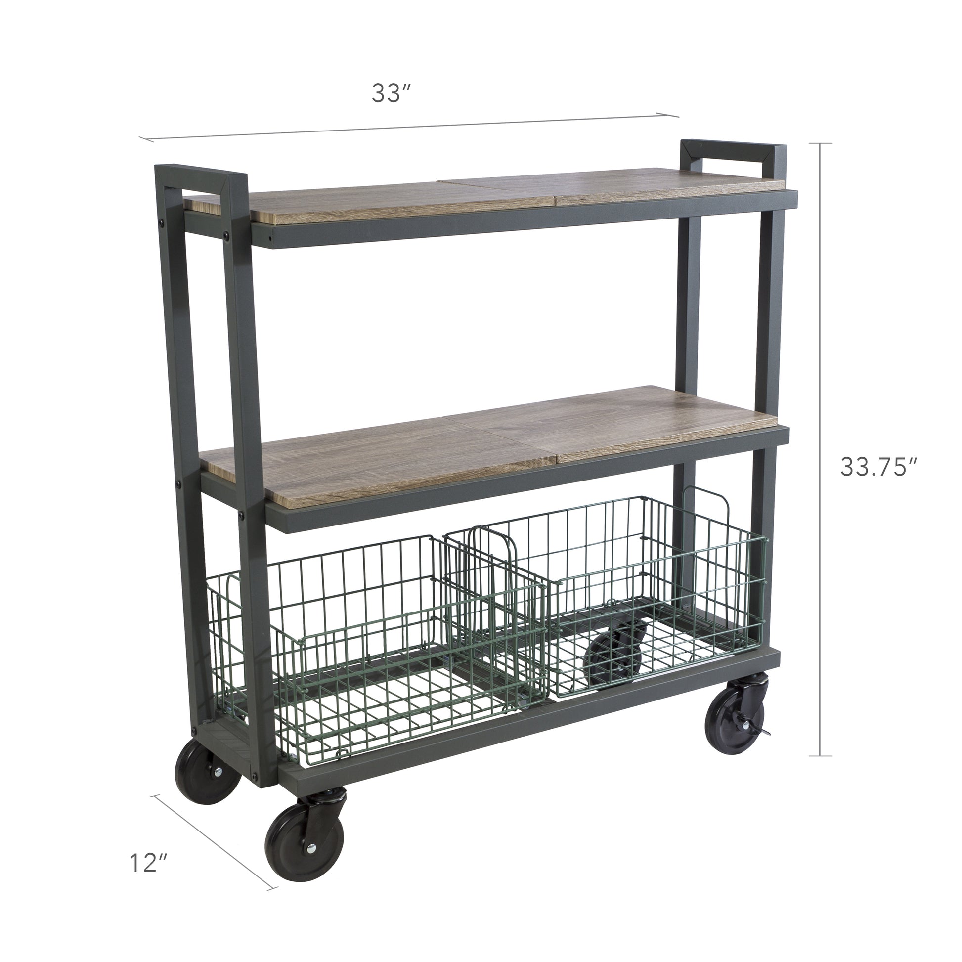 3 Tier Cart, Interchangeable Baskets And Shelves, Caster Wheels, Powder Coated Metal In Green Green Metal