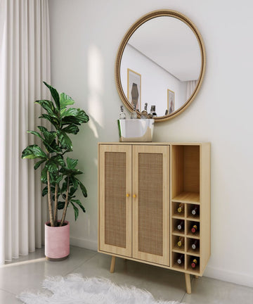 Bohemian Bar Cabinet, Natural Rattan Doors, Removable Wine Rack In Natural Wood Beige Boho Particle Board