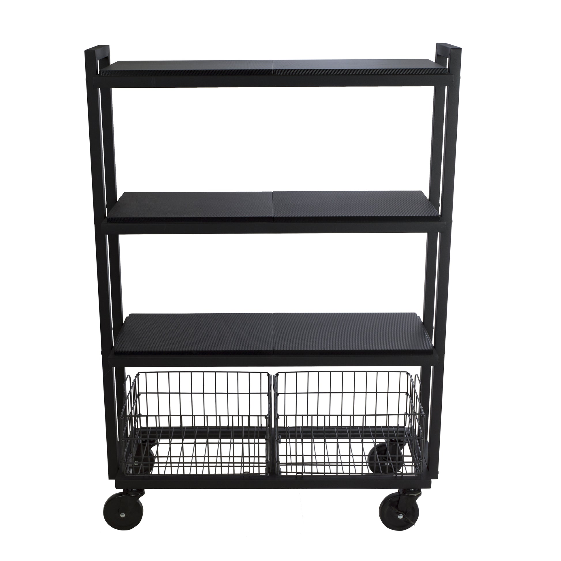 4 Tier Cart, Interchangeable Baskets And Shelves, Caster Wheels, Powder Coated Metal In Black Black Metal