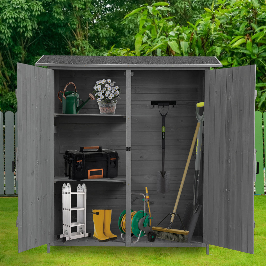 56"L X 19.5"W X 64"H Outdoor Storage Shed With Lockable Door, Wooden Tool Storage Shed W Detachable Shelves & Pitch Roof,Gray Aqua Grey Solid Wood