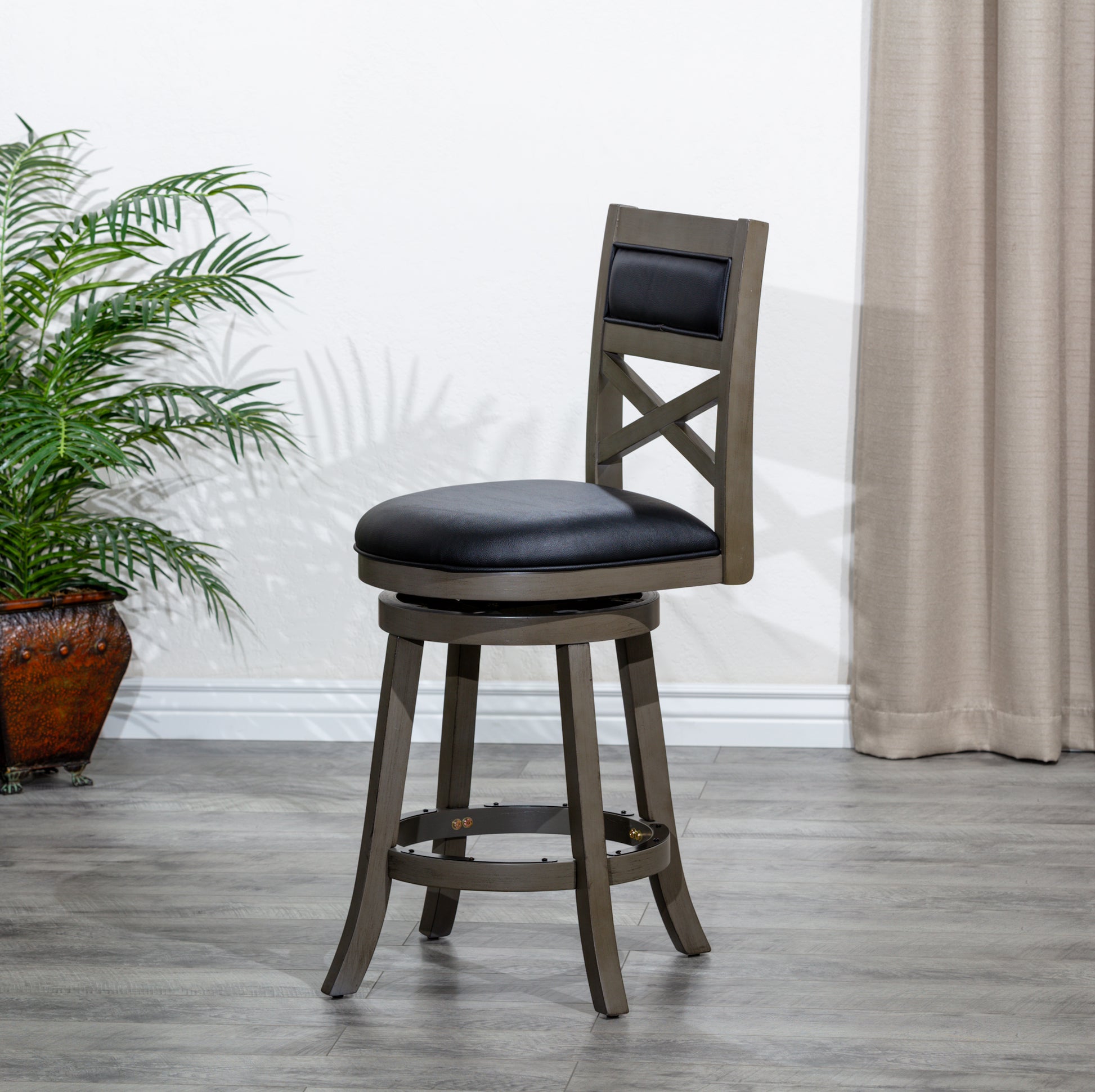 30" Bar Height X Back Swivel Stool, Weathered Gray Finish, Black Leather Seat Gray Bonded Leather