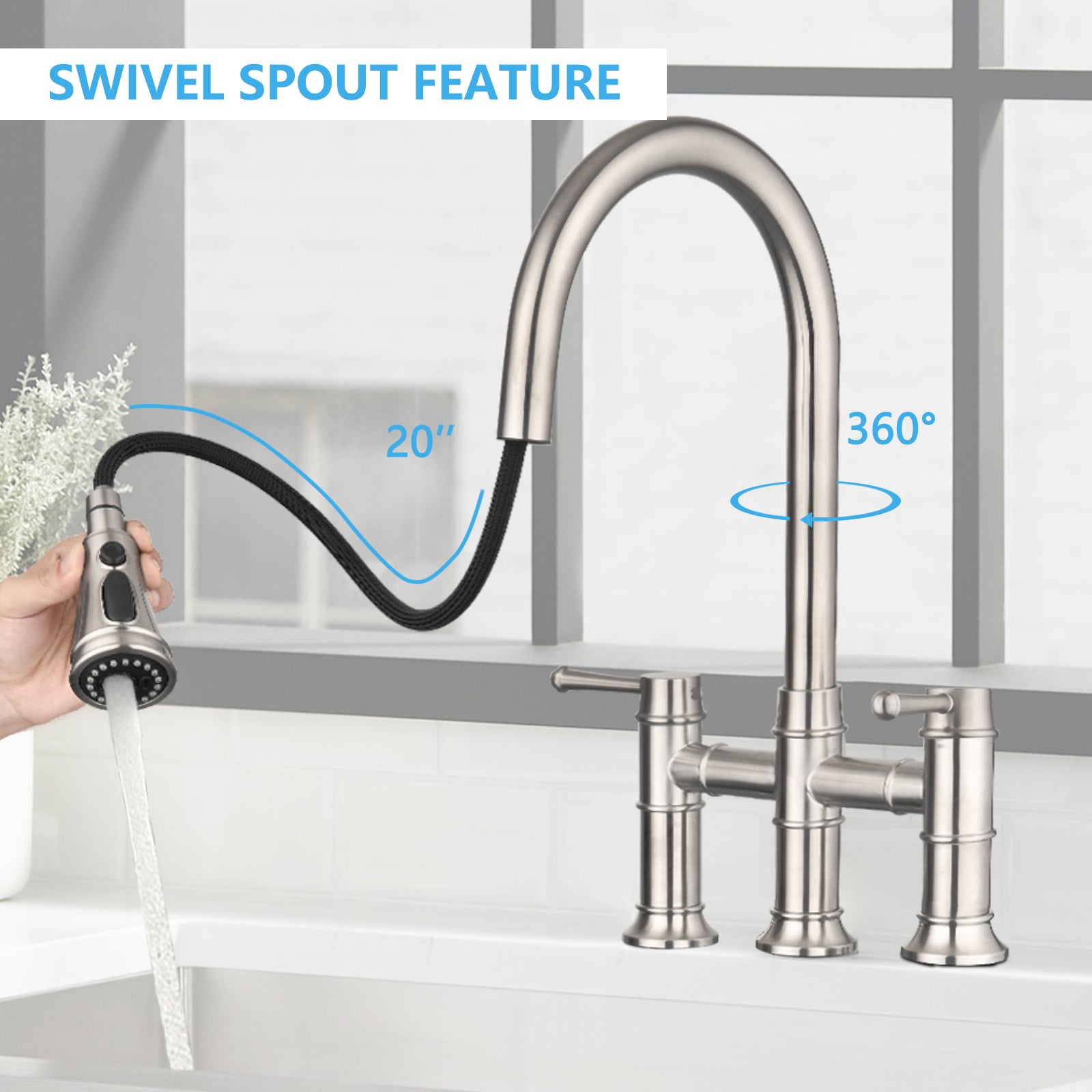 Double Handle Bridge Kitchen Faucet With Pull Down Spray Head Brushed Nickel Stainless Steel