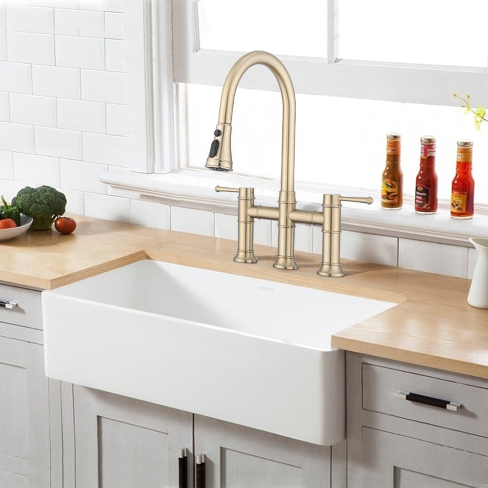 Double Handle Bridge Kitchen Faucet With Pull Down Spray Head Brushed Gold Stainless Steel