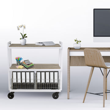 3 Tier Cart, Interchangeable Baskets And Shelves, Caster Wheels, Powder Coated Metal In White White Metal