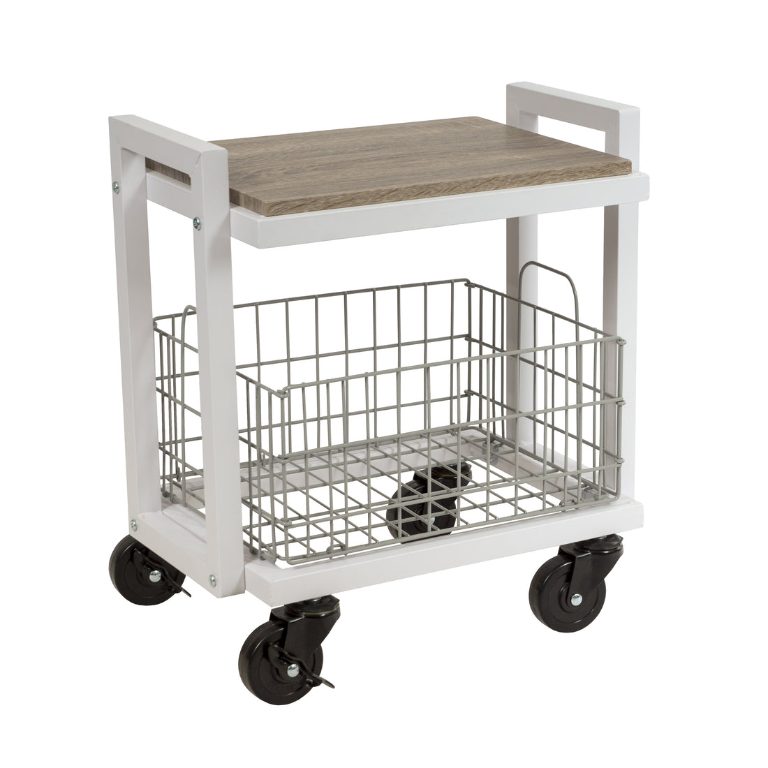 2 Tier Cart, Interchangeable Baskets And Shelves, Caster Wheels, Powder Coated Metal In White White Metal