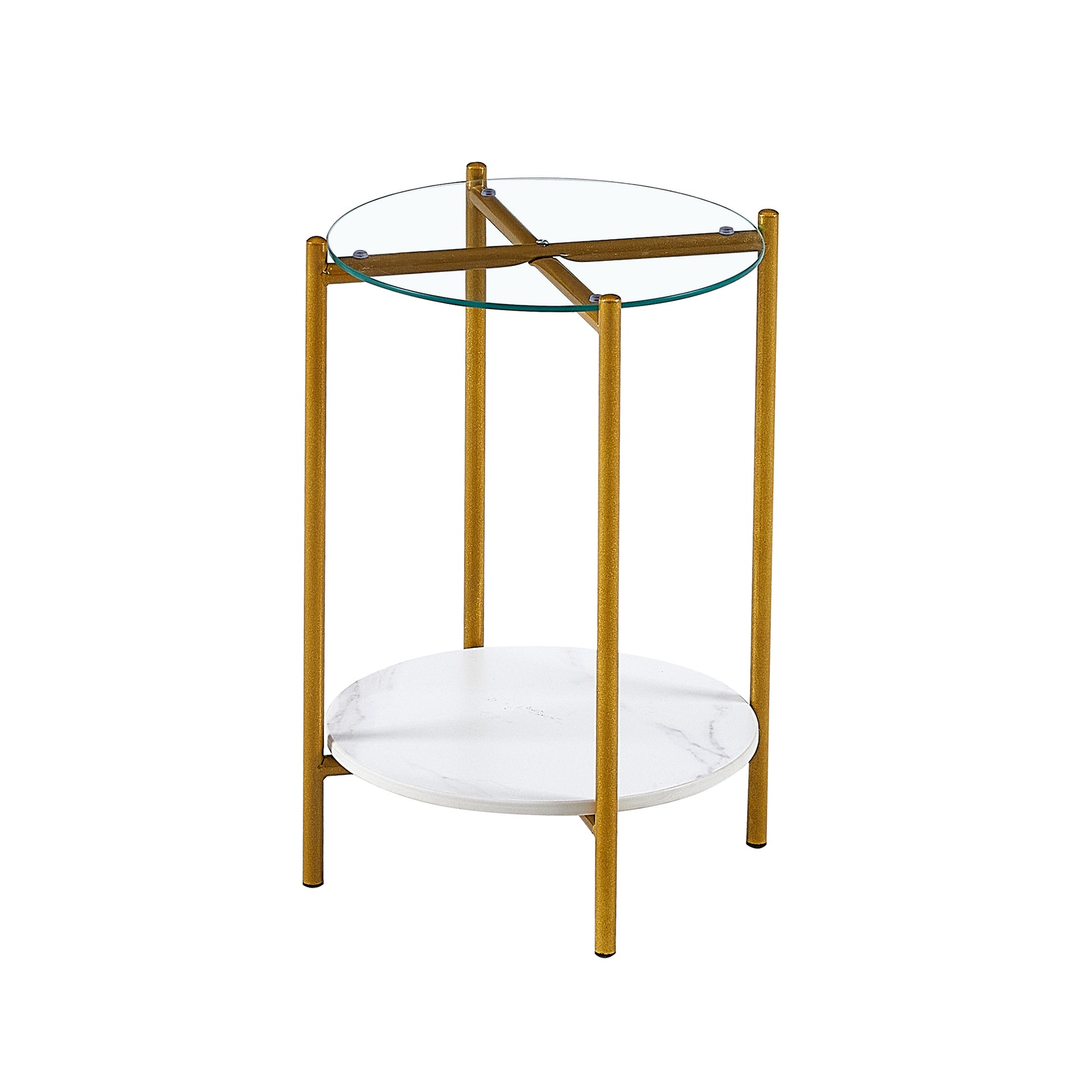 2 Layer End Table With Tempered Glass And Marble Tabletop, Round Coffee Table With Golden Metal Frame For Bedroom Living Room Office 1 Piece White Metal