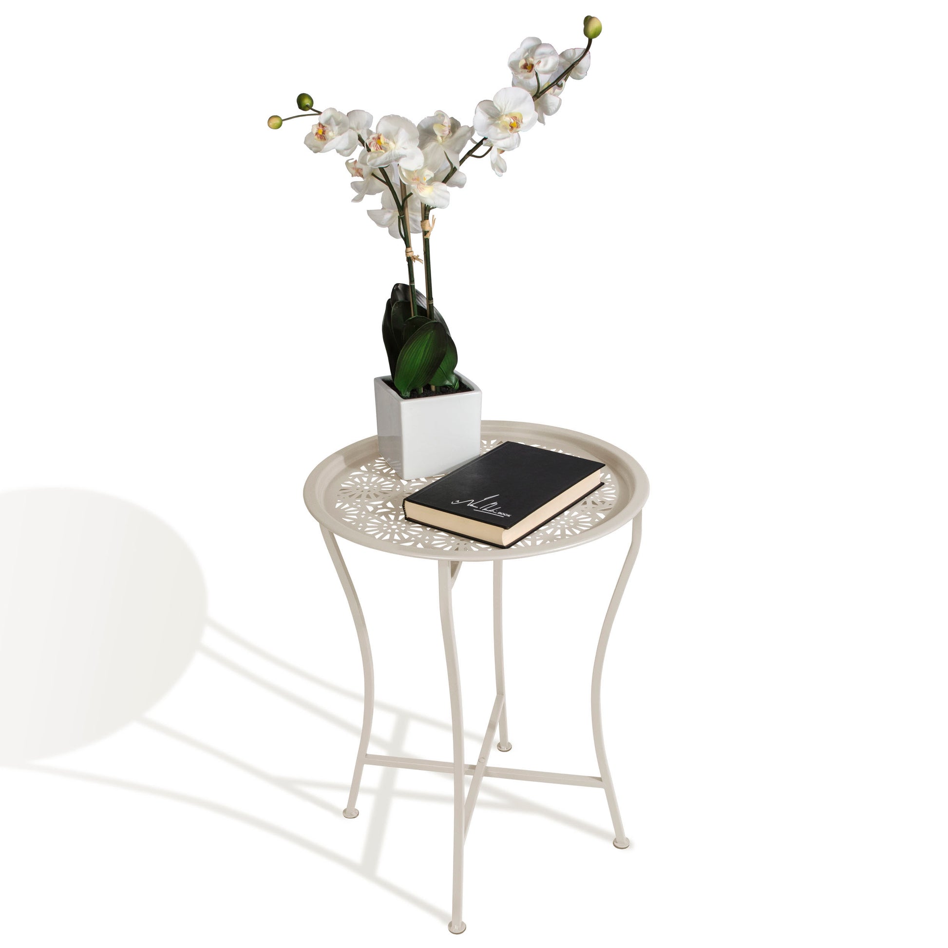 Foldable Side Table, Removable Tabletop, Laser Cut Design, Powder Coated Metal In Beige Beige Metal