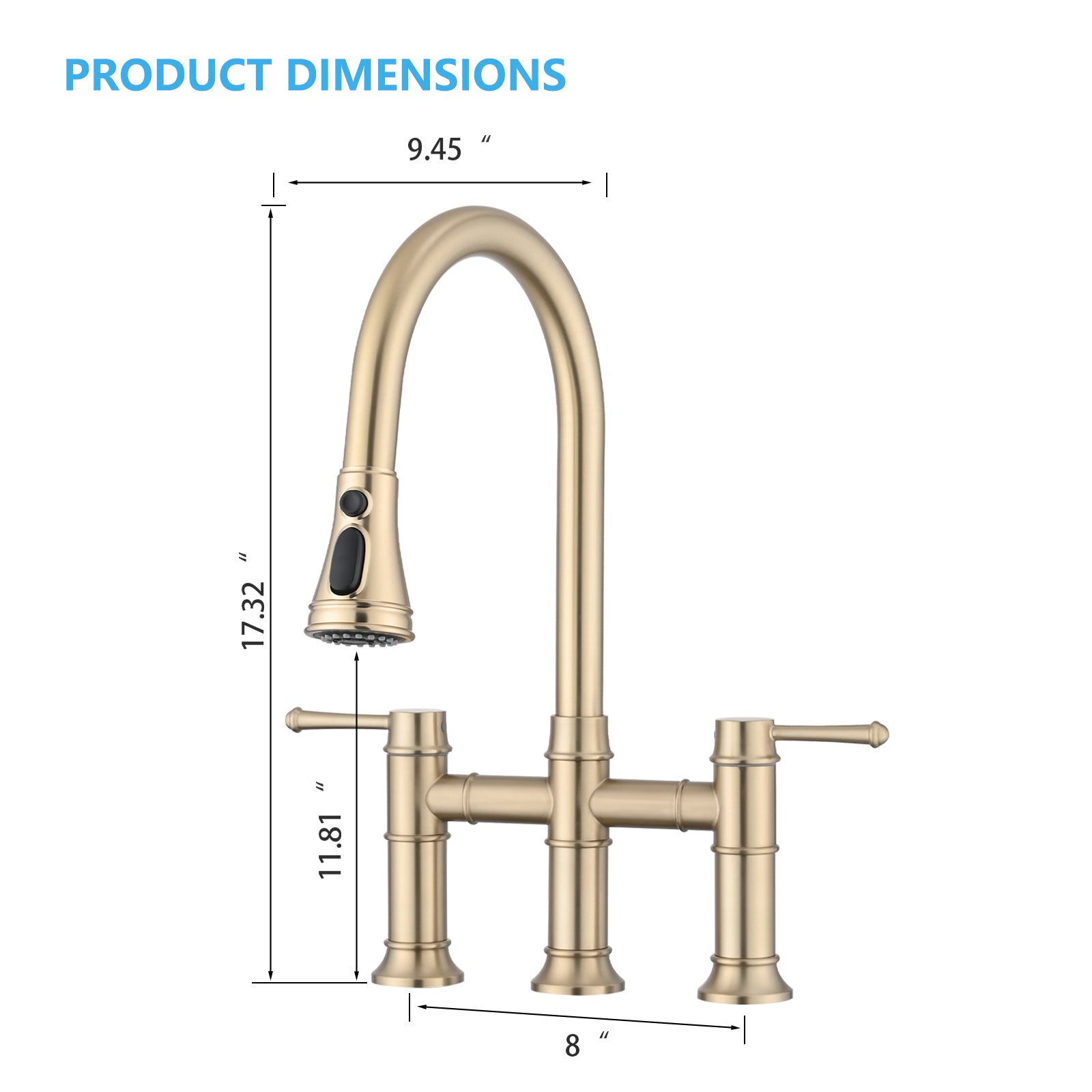 Double Handle Bridge Kitchen Faucet With Pull Down Spray Head Brushed Gold Stainless Steel