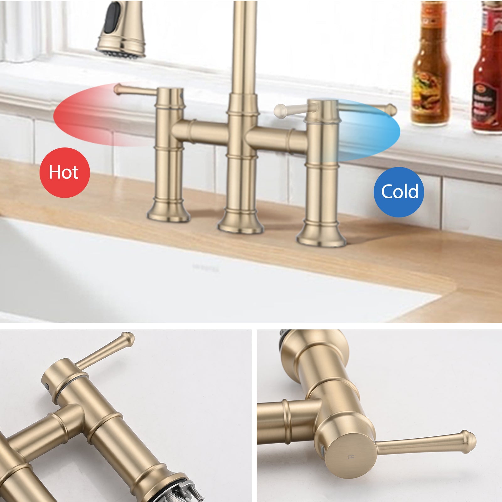 Double Handle Bridge Kitchen Faucet With Pull Down Spray Head Brushed Gold Stainless Steel