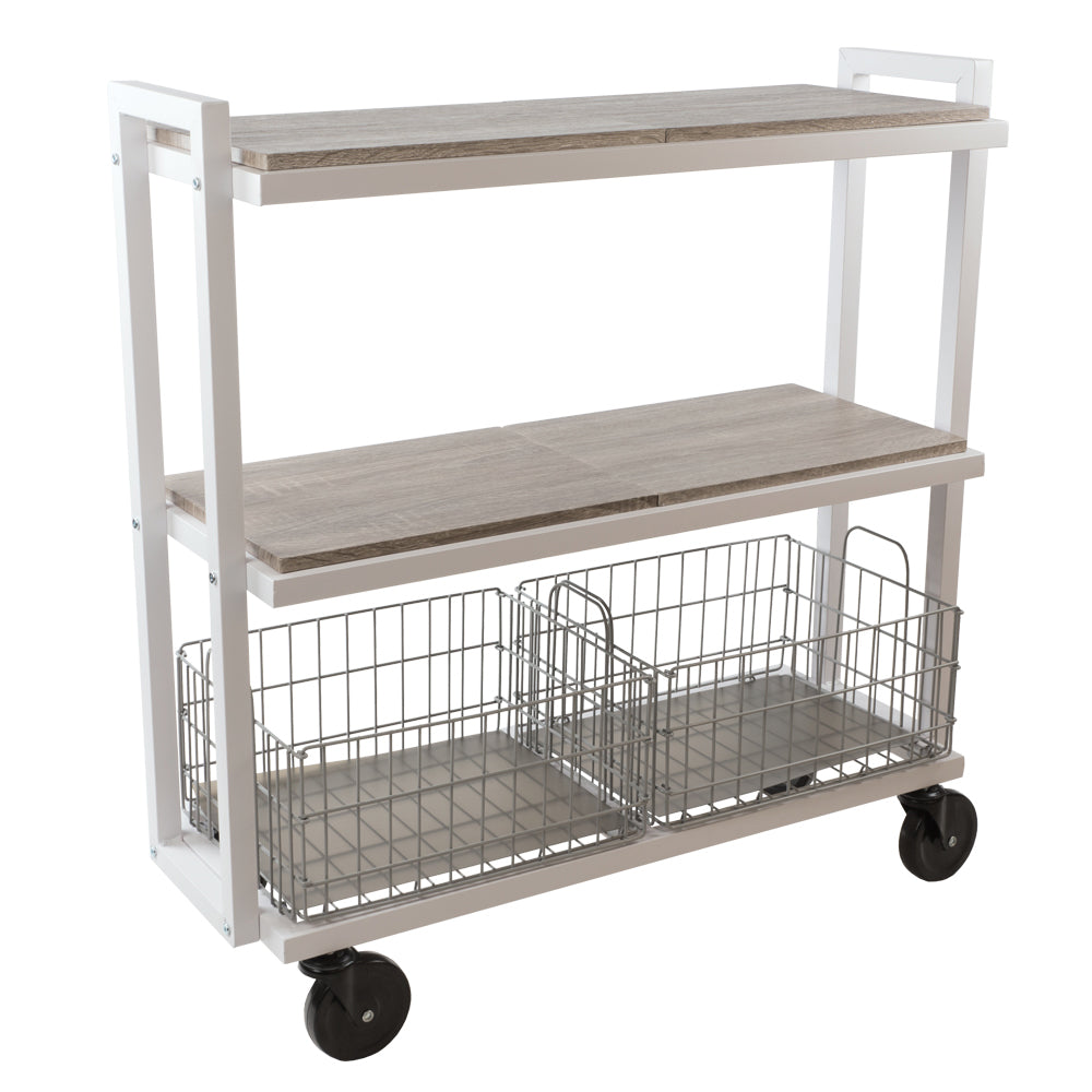 3 Tier Cart, Interchangeable Baskets And Shelves, Caster Wheels, Powder Coated Metal In White White Metal