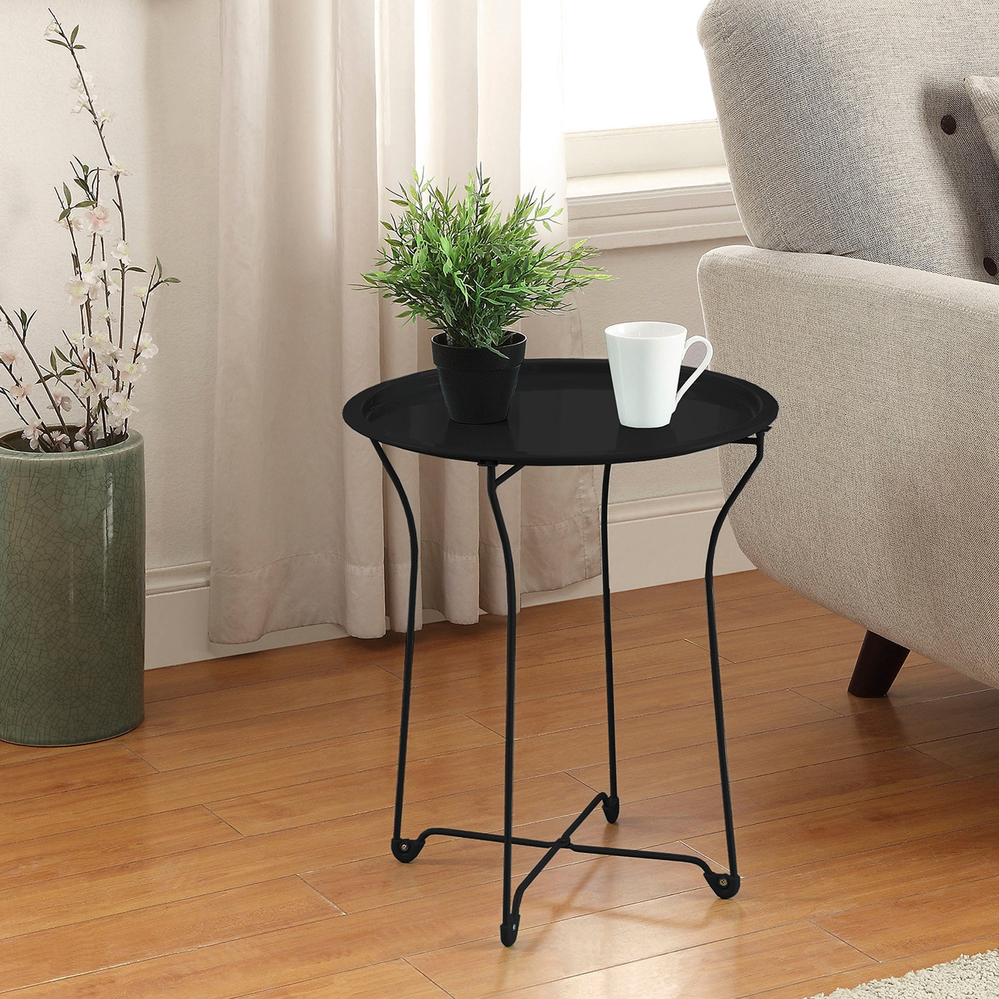 Foldable Side Table, Removable Table Top, Powder Coated Metal In Black Black Metal