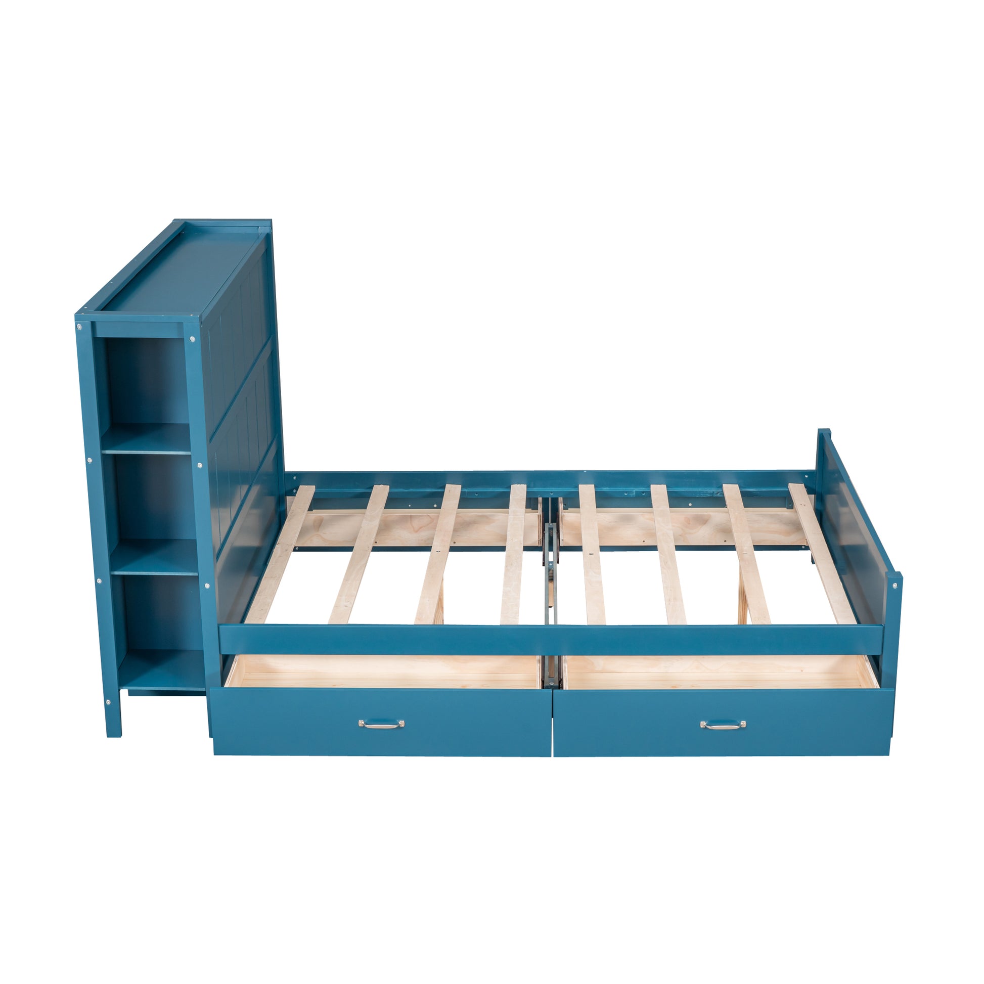 Full Size Platform Bed With Drawers And Storage Shelves, Blue Blue Pine