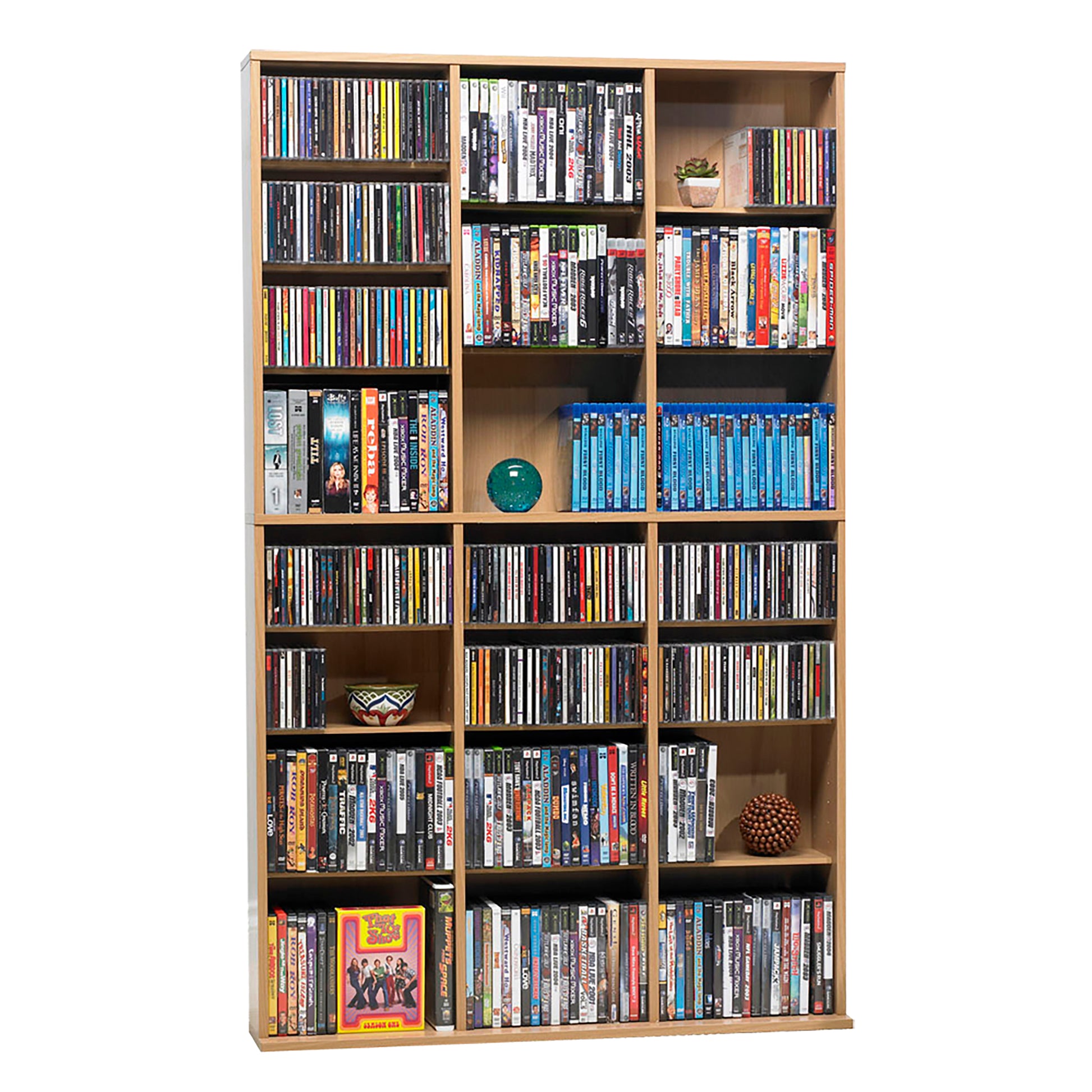 Media Shelving Unit, 6 Fixed Shelves, 18 Adjustable Shelves, Wide Base For Stability In Maple Tan Particle Board