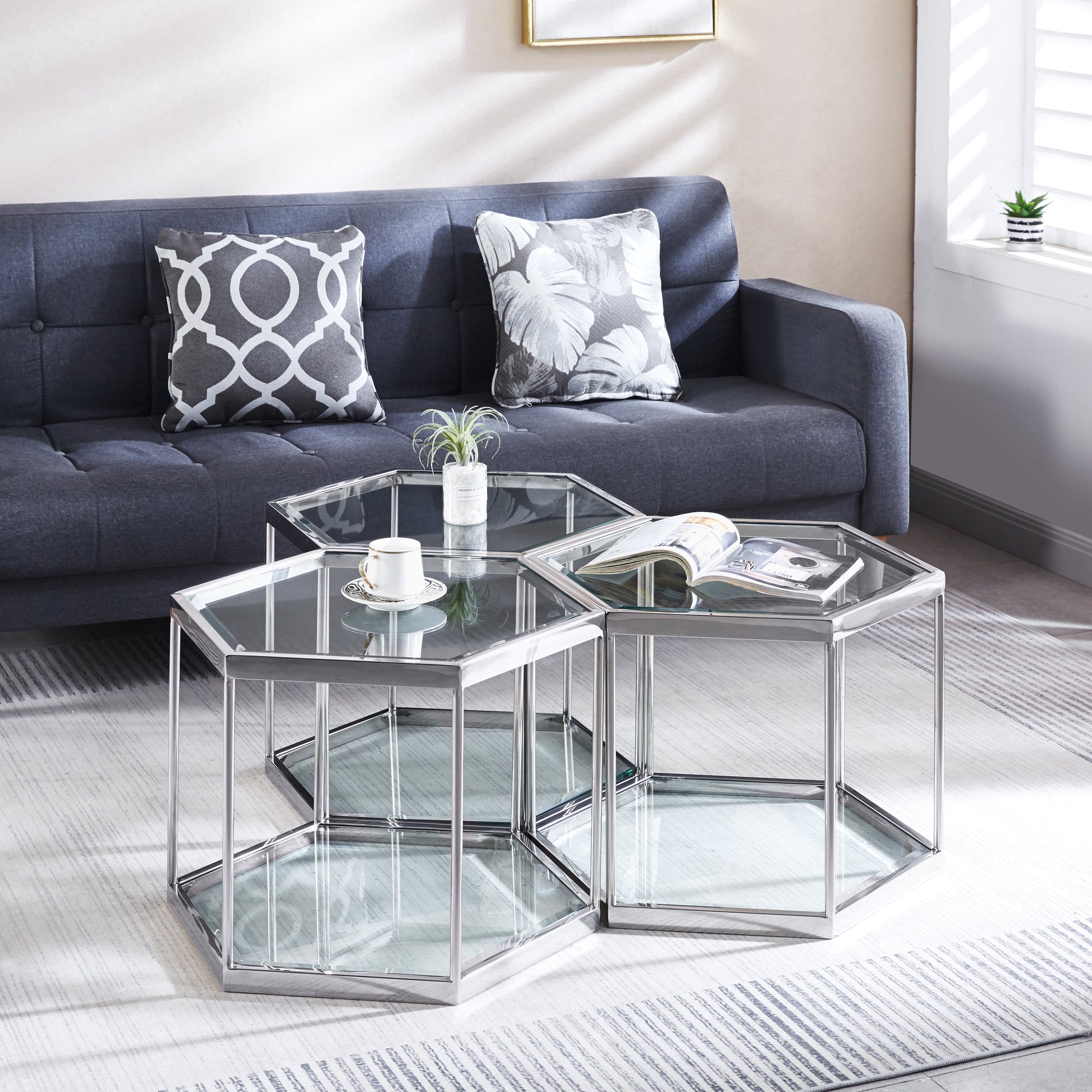 Modern Glass Coffee Table With Silver Finish Stainless Steel Frame Silver Glass