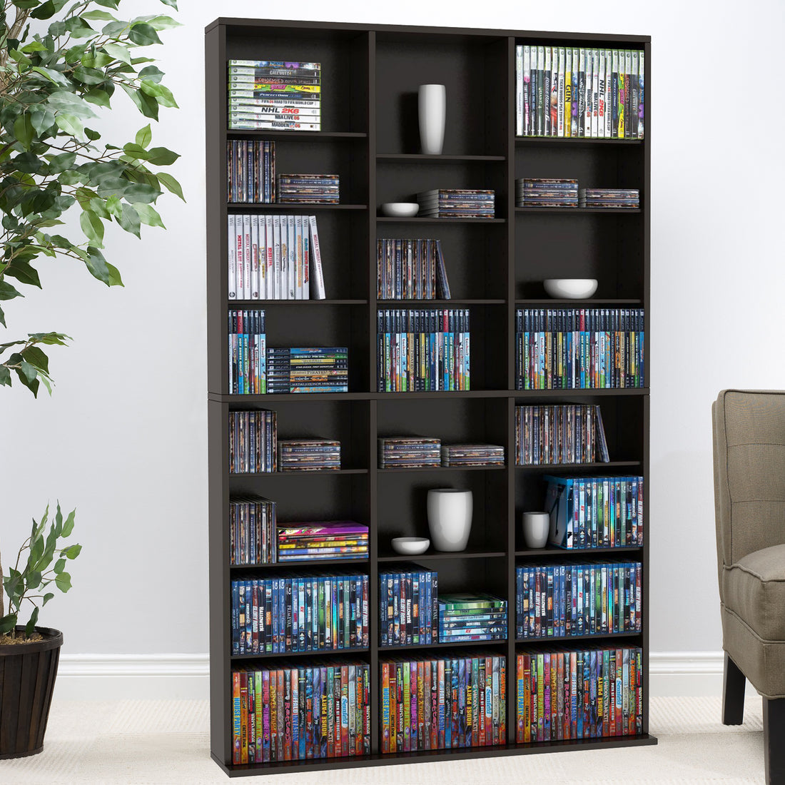 Media Shelving Unit, 6 Fixed Shelves, 18 Adjustable Shelves, Wide Base For Stability In Espresso Brown Black Brown Particle Board