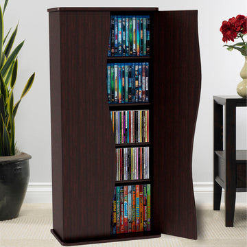 Multimedia Cabinet, 5 Sliding Dividers, Push To Open Magnetic Doors, 2 Fixed Shelves, 4 Adjustable Shelves In Espresso Brown Black Brown Particle Board