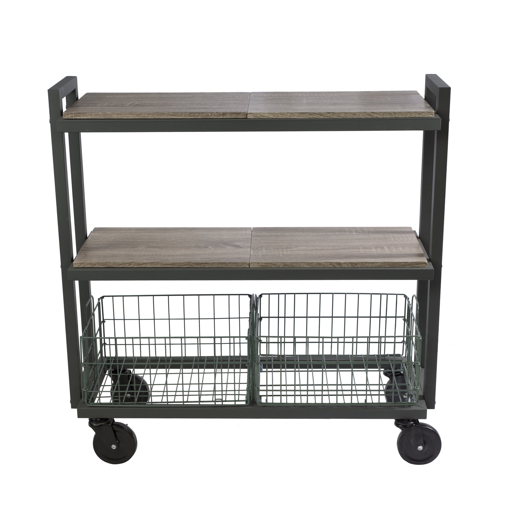 3 Tier Cart, Interchangeable Baskets And Shelves, Caster Wheels, Powder Coated Metal In Green Green Metal