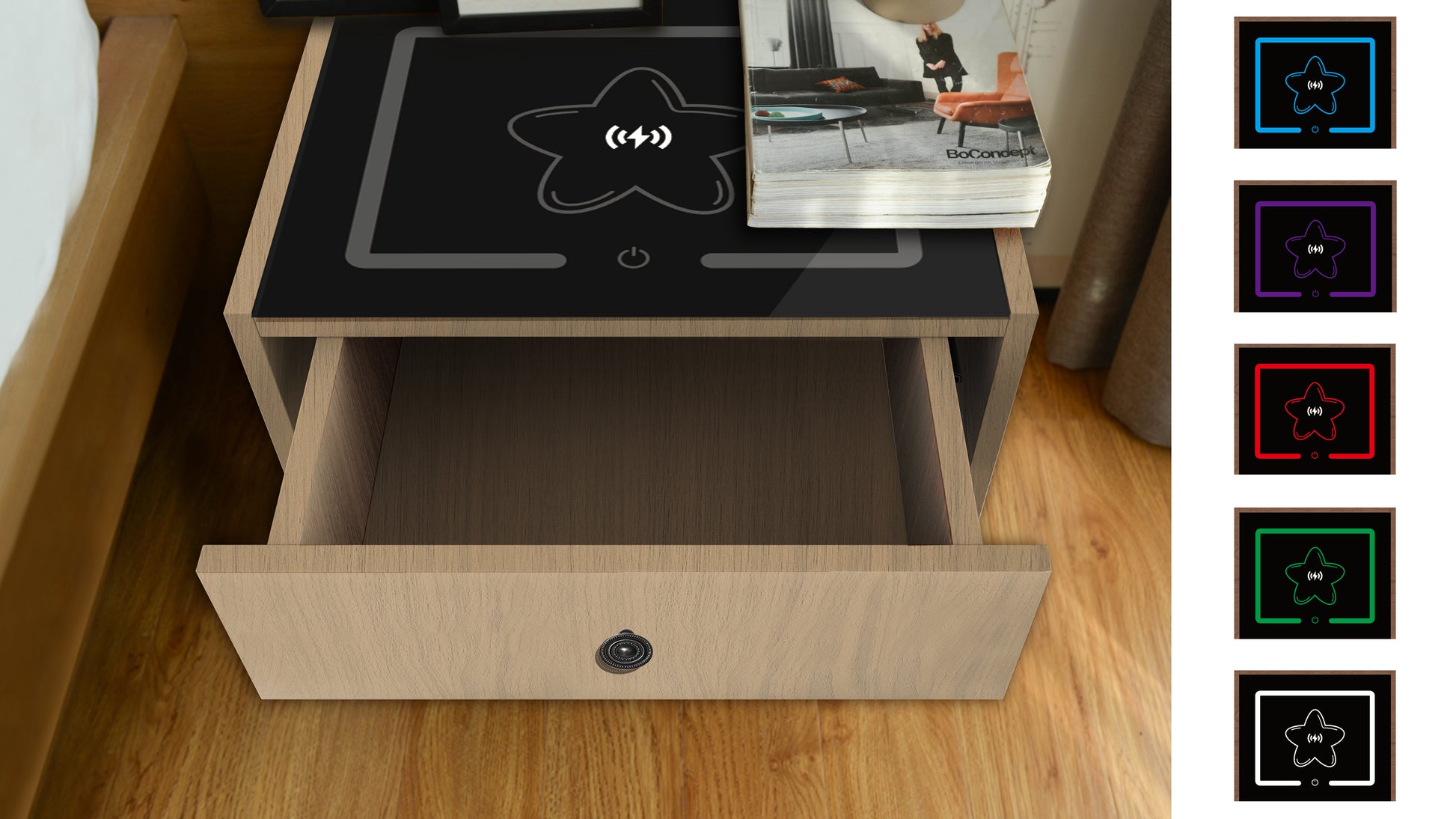 Nightstand With Wireless Charging Station Grey Mdf