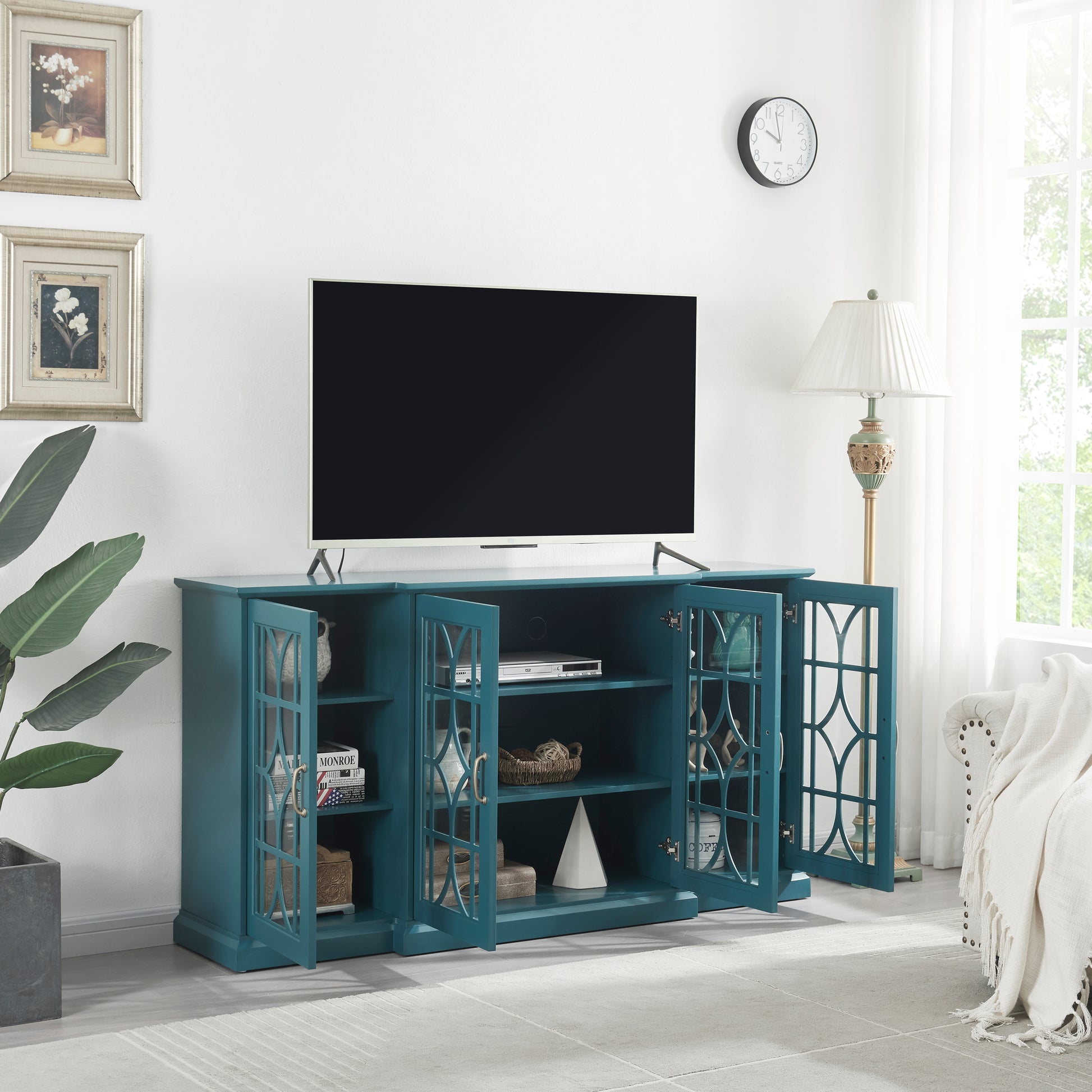 63" Tv Stand, Sideboard Buffet ,Storage Cabinet, Teal Blue Teal Blue Mdf Glass