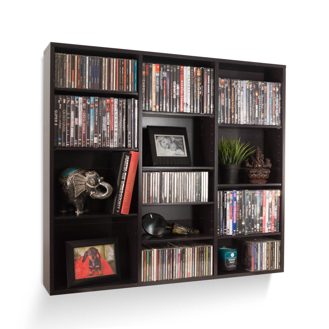 Wall Mounted Media Storage Unit, 15 Adjustable Shelves, Flushed Mounted In Espresso Brown Black Brown Particle Board