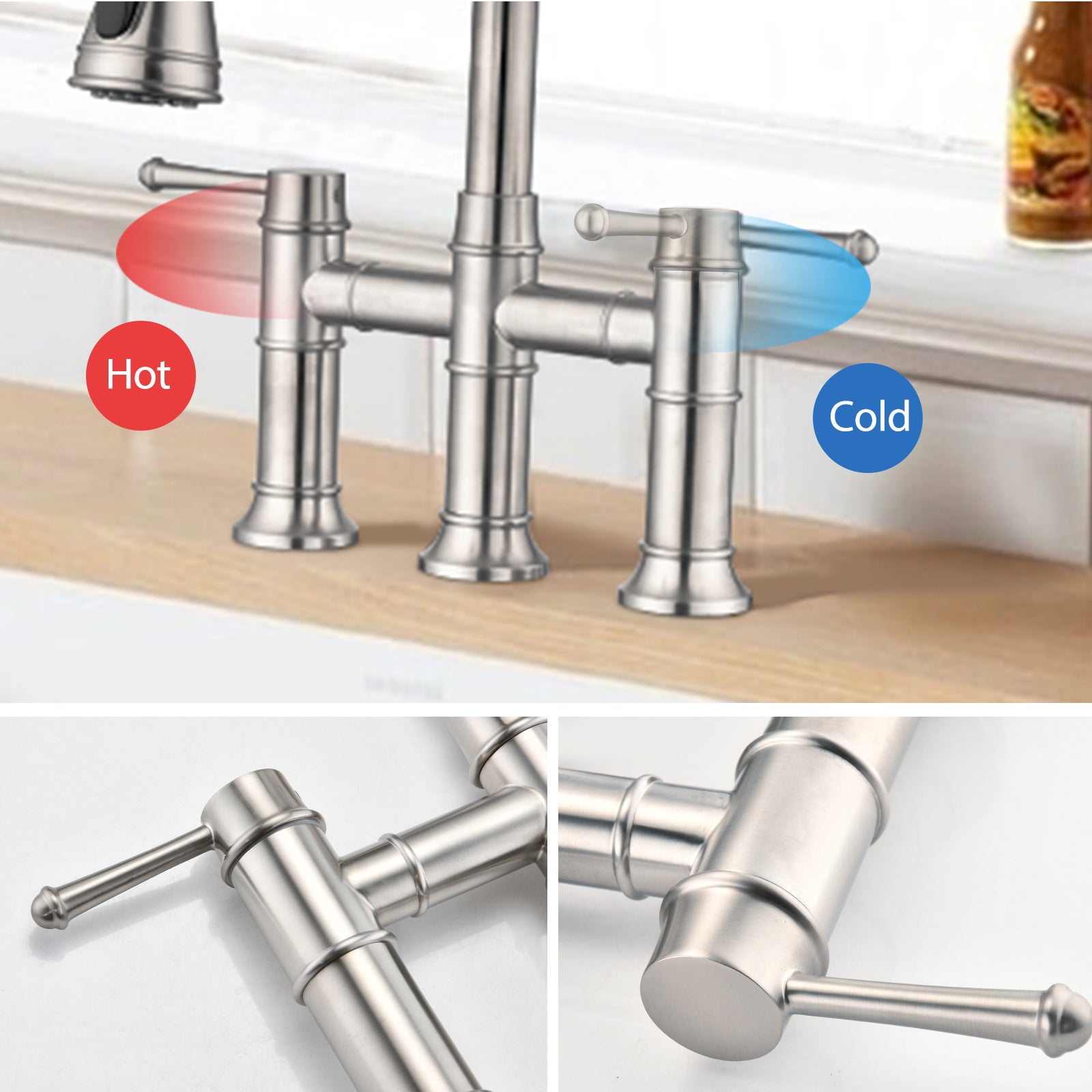 Double Handle Bridge Kitchen Faucet With Pull Down Spray Head Brushed Nickel Stainless Steel