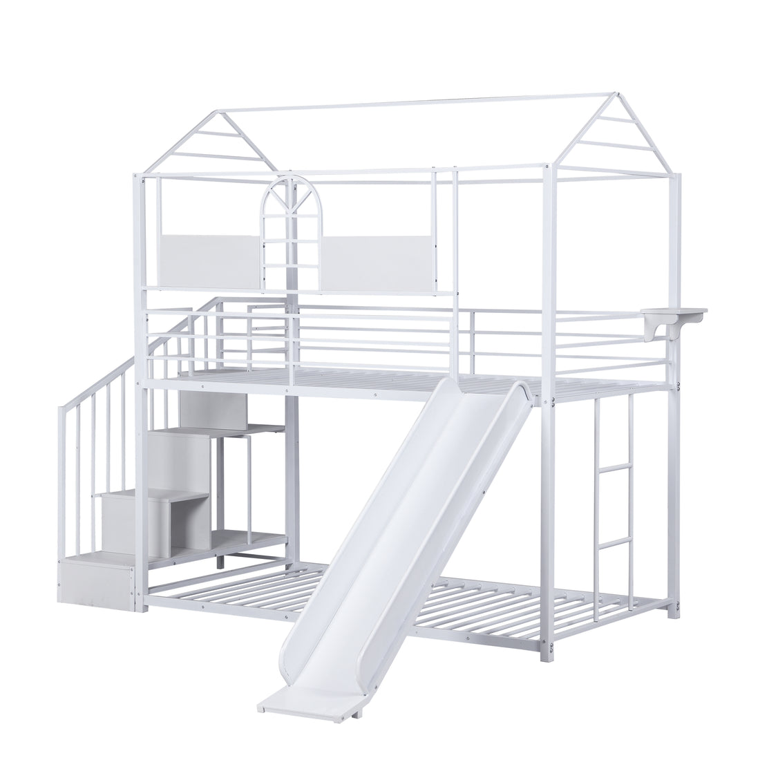 Metal Bunk Bed With Slide And Steps White Metal