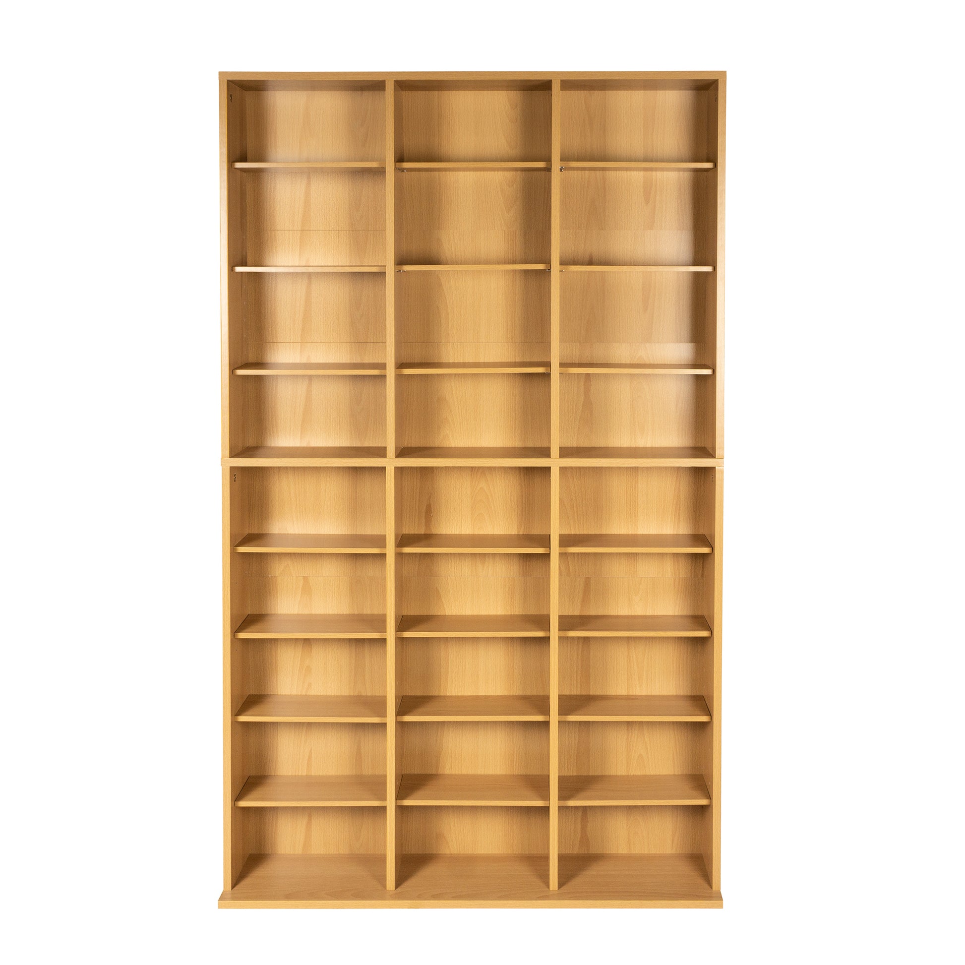 Media Shelving Unit, 6 Fixed Shelves, 18 Adjustable Shelves, Wide Base For Stability In Maple Tan Particle Board