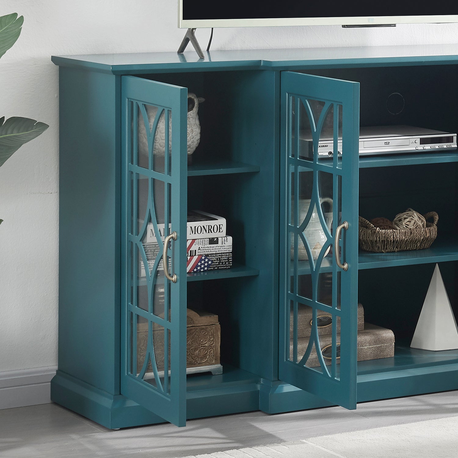 63" Tv Stand, Sideboard Buffet ,Storage Cabinet, Teal Blue Teal Blue Mdf Glass