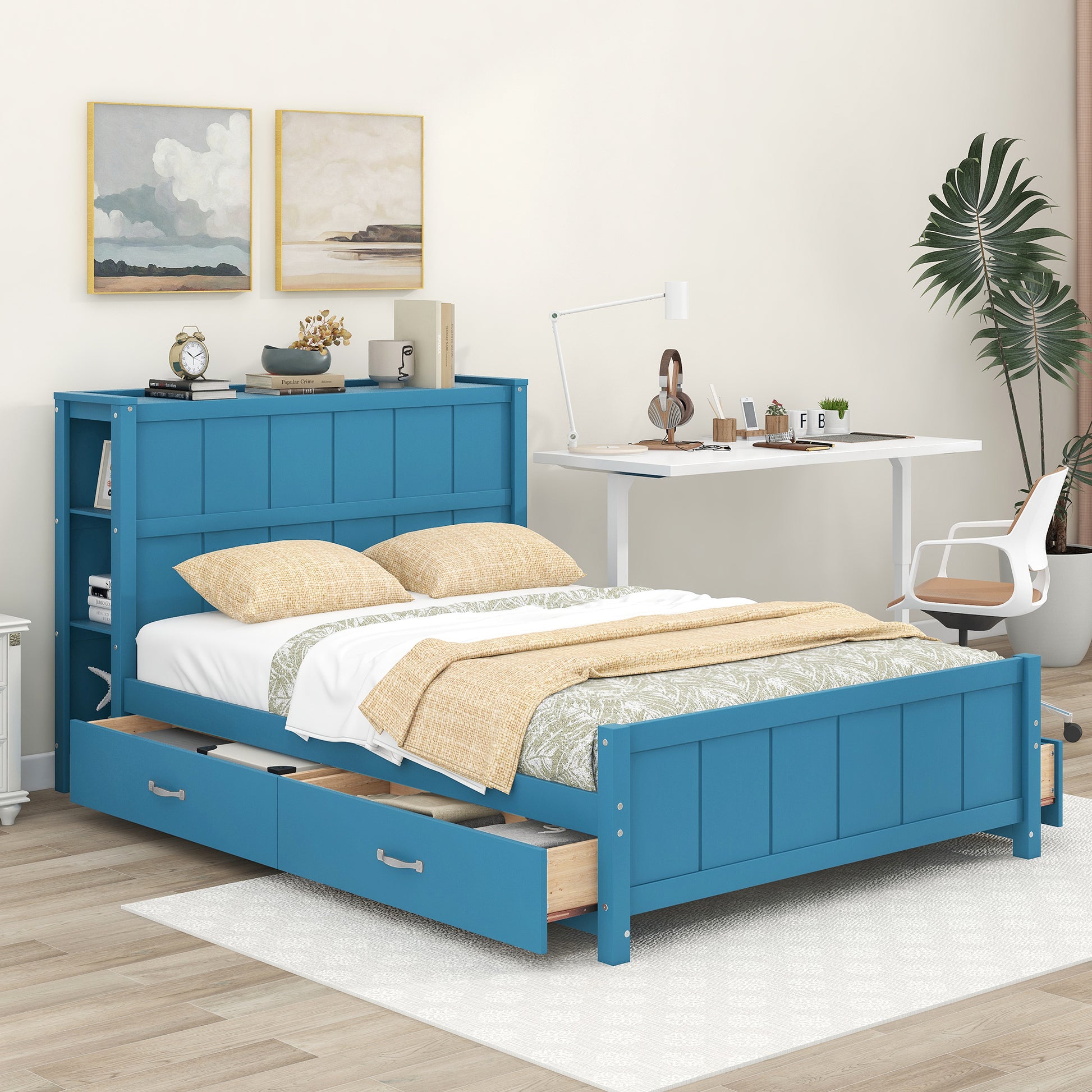 Full Size Platform Bed With Drawers And Storage Shelves, Blue Blue Pine