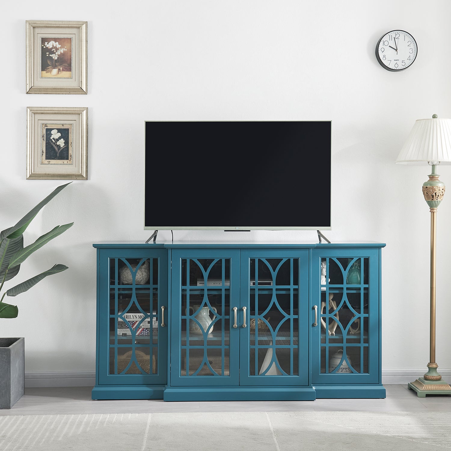 63" Tv Stand, Sideboard Buffet ,Storage Cabinet, Teal Blue Teal Blue Mdf Glass