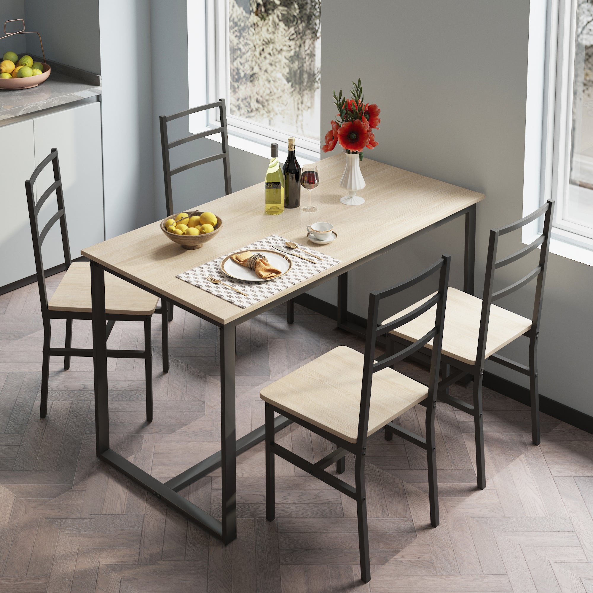 Five Piece Set Table And Chair With Backrest, Industrial Style, Solid Structure Beige Mdf Steel