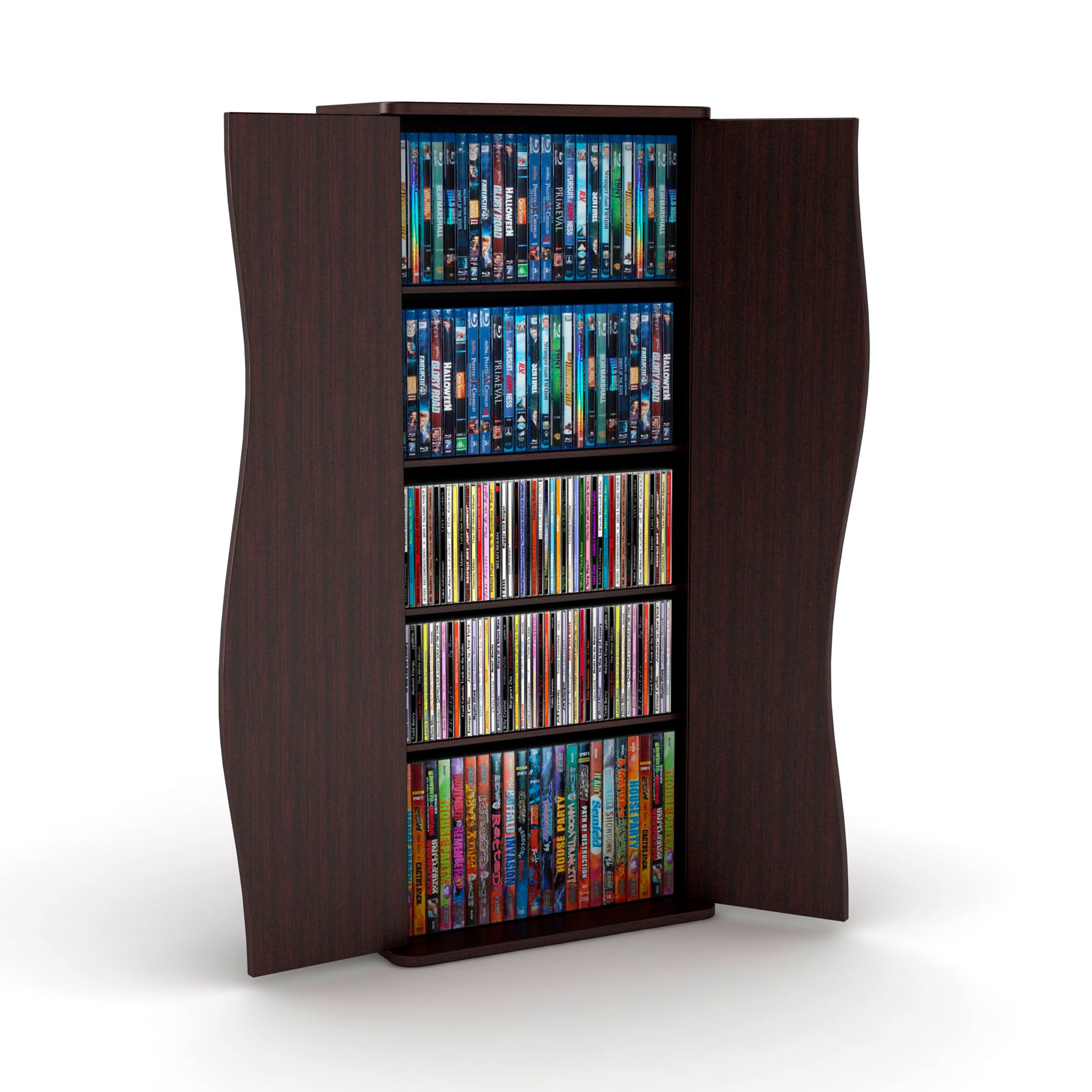 Multimedia Cabinet, 5 Sliding Dividers, Push To Open Magnetic Doors, 2 Fixed Shelves, 4 Adjustable Shelves In Espresso Brown Black Brown Particle Board