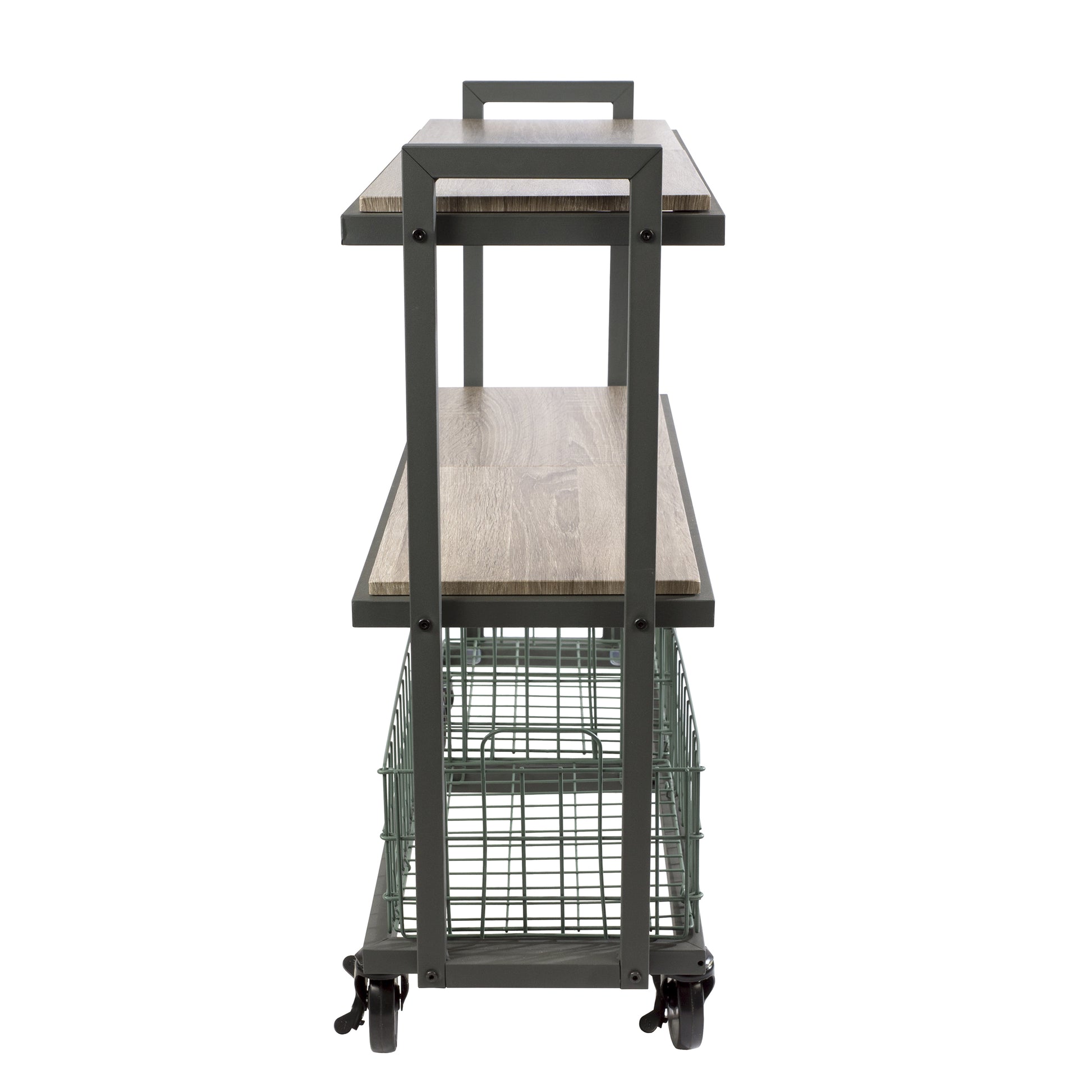 3 Tier Cart, Interchangeable Baskets And Shelves, Caster Wheels, Powder Coated Metal In Green Green Metal